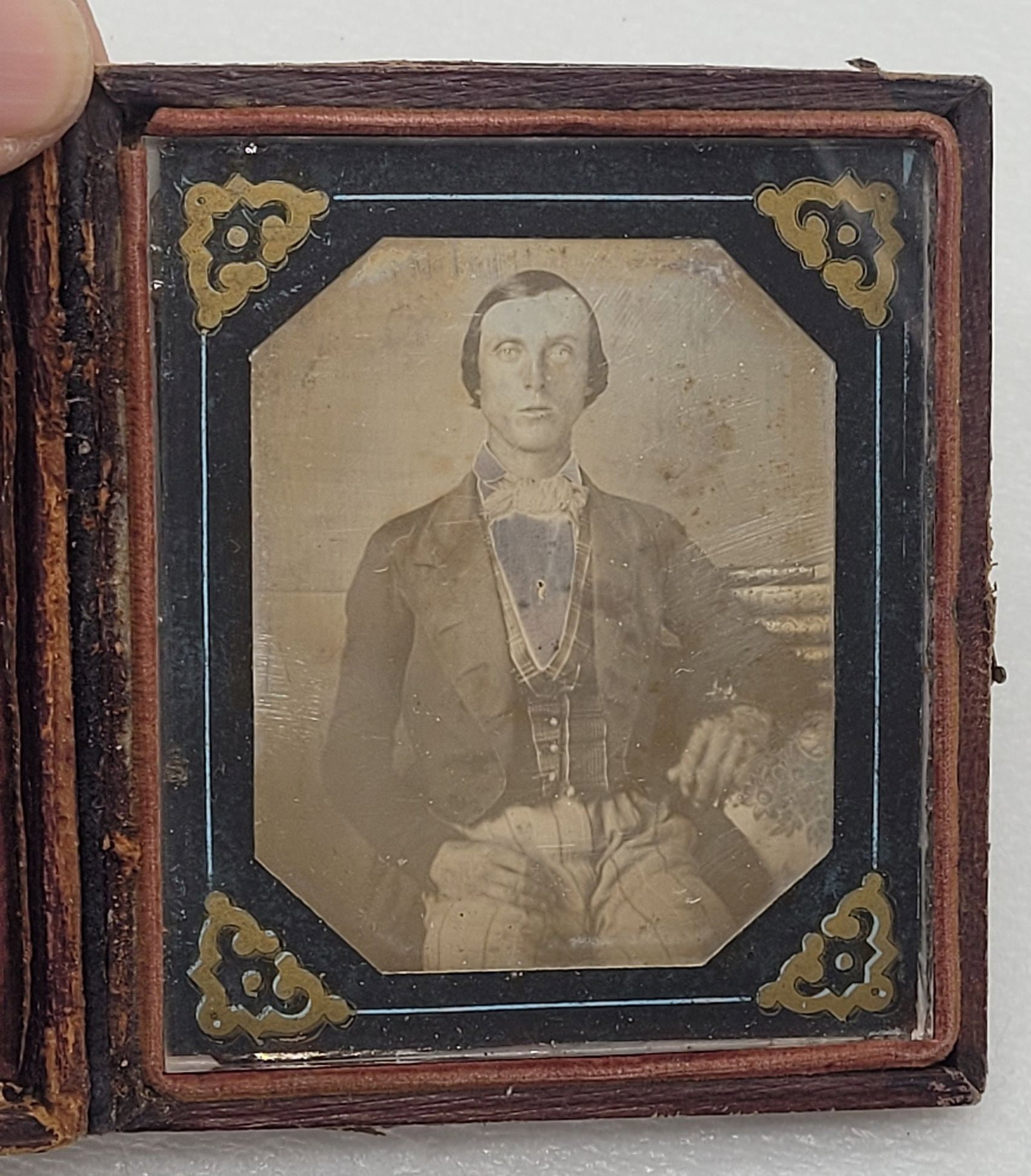 Daguerreotype Full Cased Image of Dapper Gent Nice Scroll Border Mat: Daguerreotype Full Cased Image of Dapper Gent Nice Scroll Border Mat - 3.75" by 3"