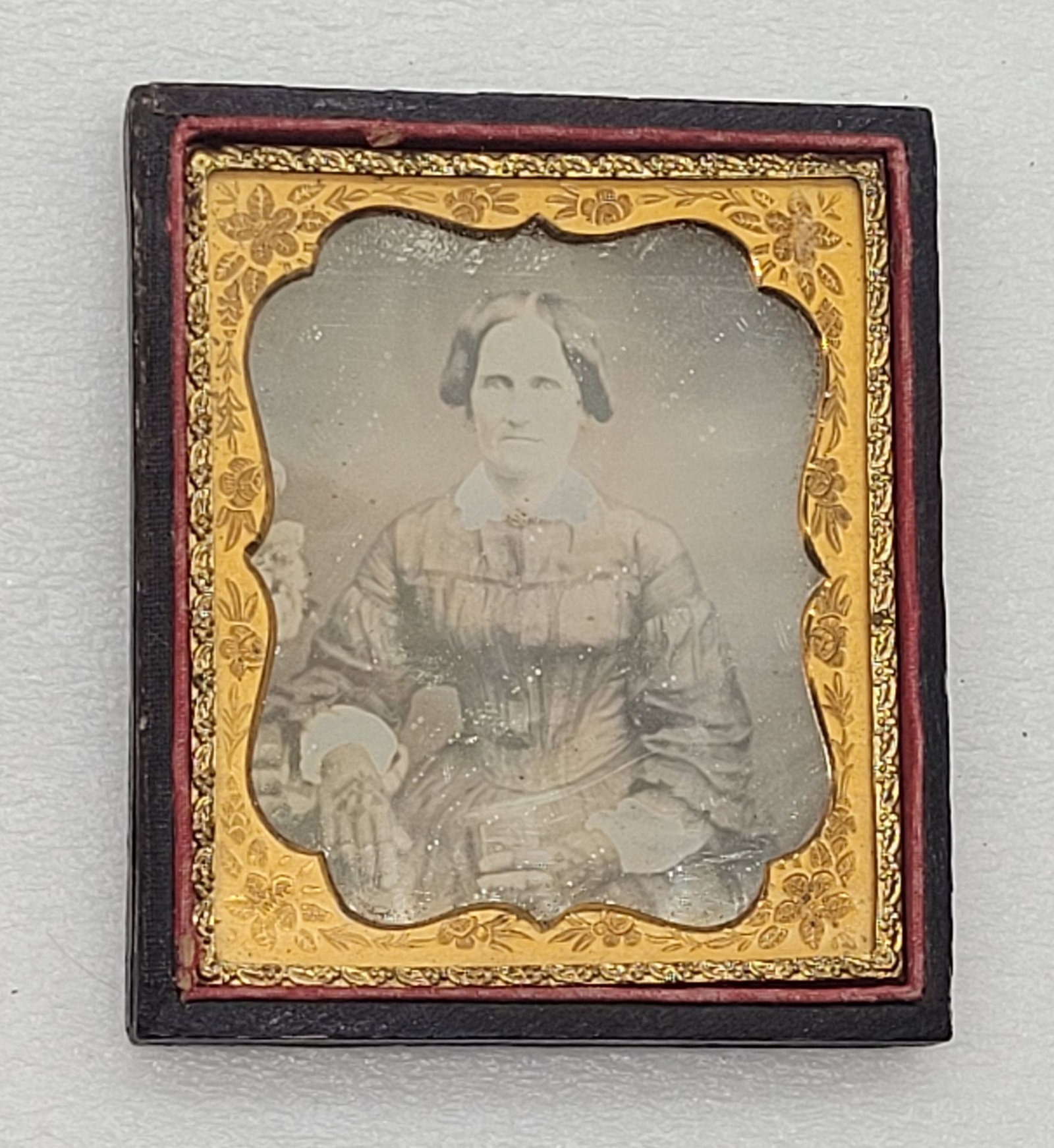 Daguerreotype Half Cased Image of Woman w Bible & Mesh Gloves: Daguerreotype Half Cased Image of Woman w Bible & Mesh Gloves - 3.5" by 3".
