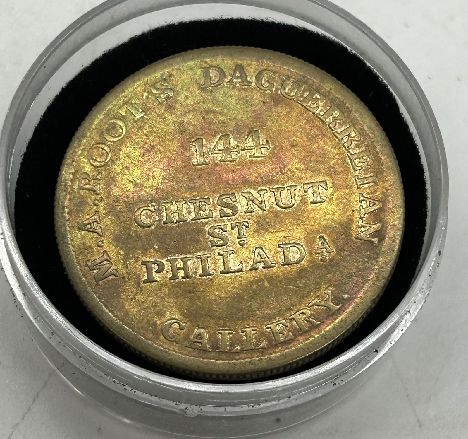 Daguerreotype Token Advertising - M.A. Root's Daguerreian Gallery 144 Chestnut St. Phila. (1 of 3)