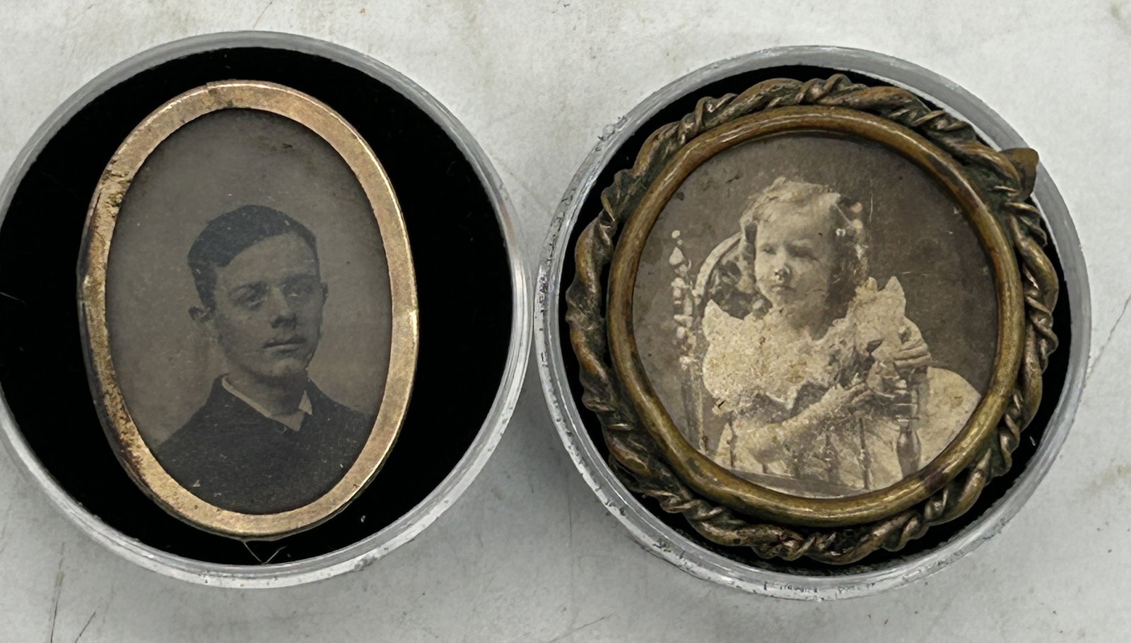 Antique Photo Brooch/Pin (2) - Memorial Wreath Little Girl Pin Boy In Oval Frame: Antique Photo Brooch/Pin (2) - Memorial Wreath Little Girl Pin, Boy In Oval Frame - Sizes vary sightly, approx 1" - 1.25"