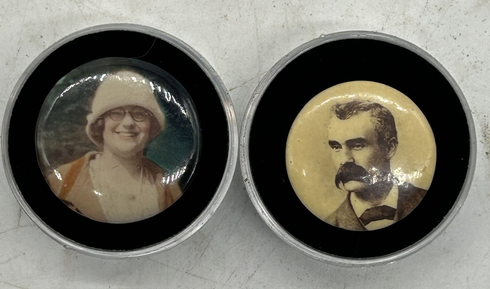 Antique Photo Brooch/Pin (2) - Colorized Woman Pin & Mustache Man No Pinback: Antique Photo Brooch/Pin (2) - Colorized Woman Pin & Mustache Man No Pinback - Sizes vary sightly, approx 1" - 1.25"