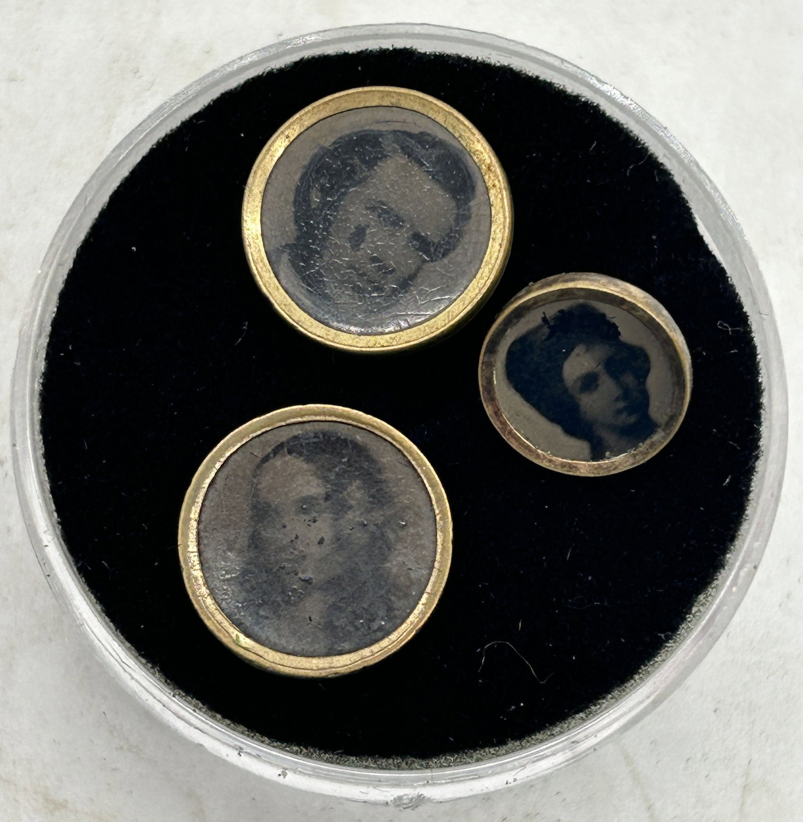 Antique Photo Buttons (3) Portraits of Women & Man: Antique Photo Buttons (3) Portraits of Women & Man - .25" up to .50" across
