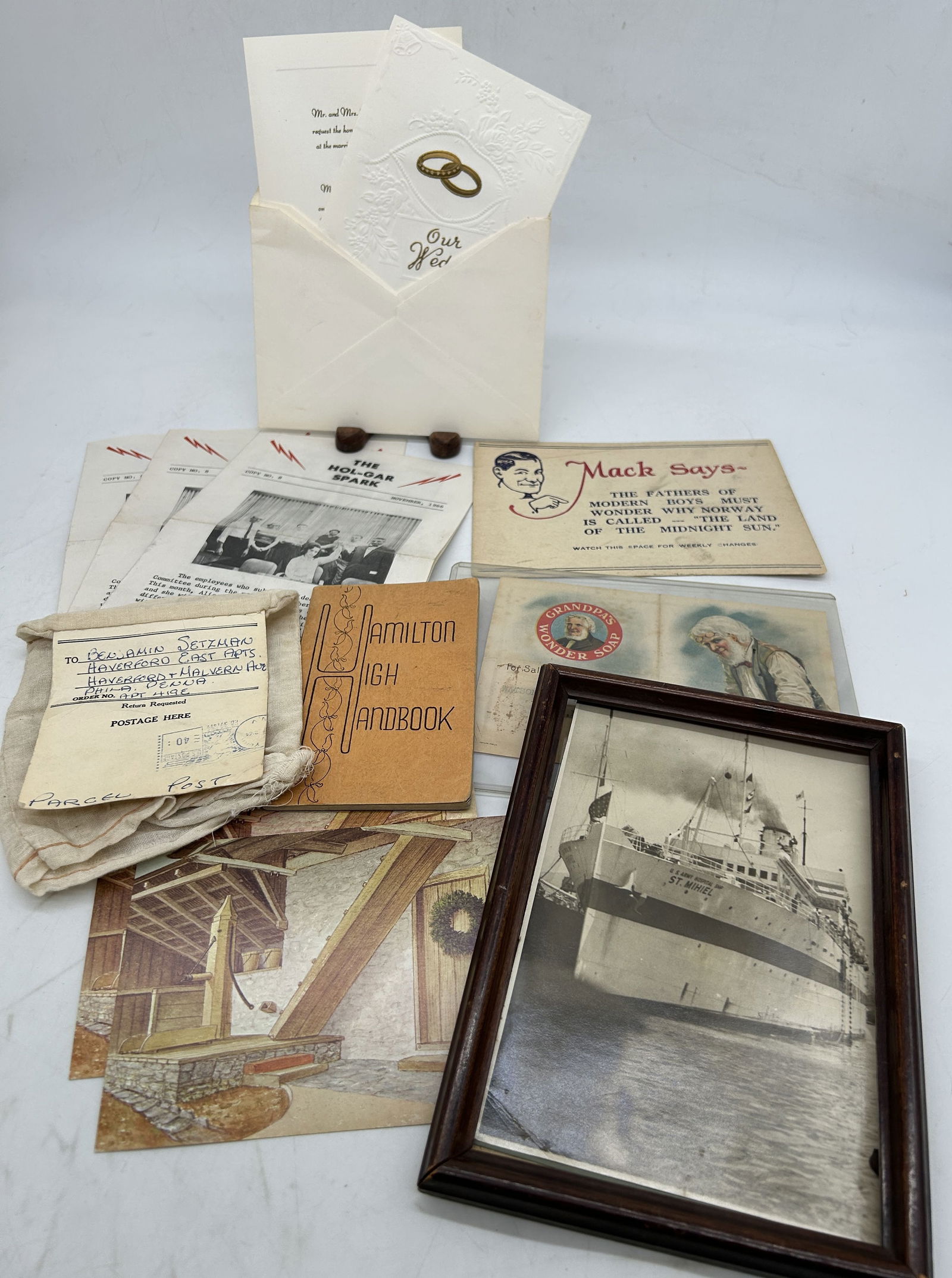 St. Mihiel Ship Photo The Hol-Gar Spark Newsletters Grandpas Wonder Soap Trade Card Mack Says Card: St. Mihiel Ship Photo The Hol-Gar Spark Newsletters Grandpas Wonder Soap Trade Card Mack Says Card 1940s Hamilton High Handbook. 7" by 5.25" on the Mack card