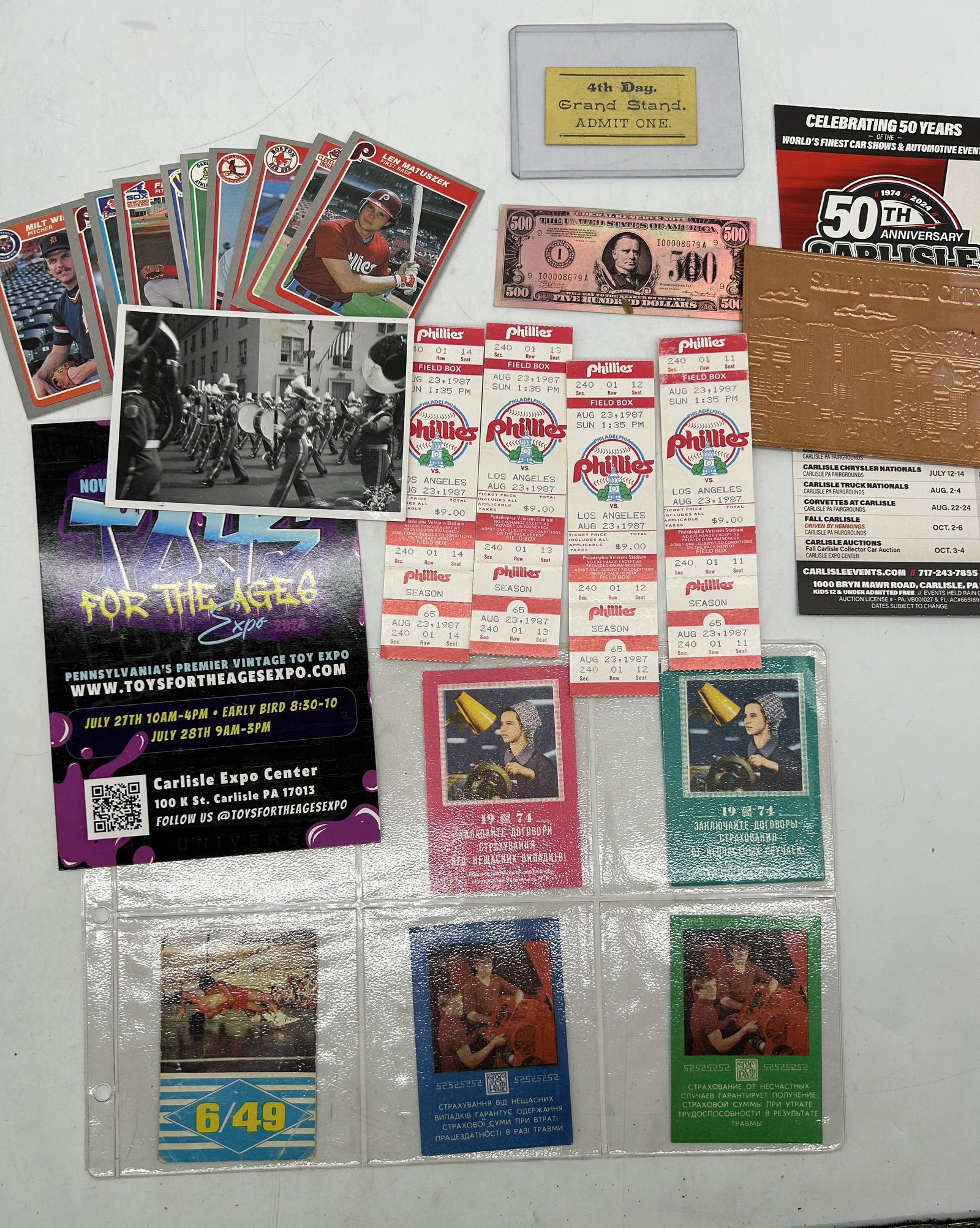 Ukranian Insurance Trade Card Calendars Phillies Tickets Aug 23, 1987 Kopper Kard Salt Lake City 4th: Ukranian Insurance Trade Card Calendars Phillies Tickets Aug 23, 1987 Kopper Kard Salt Lake City 4th Day Grand Stand Ticket Marching Band Snapshot.
