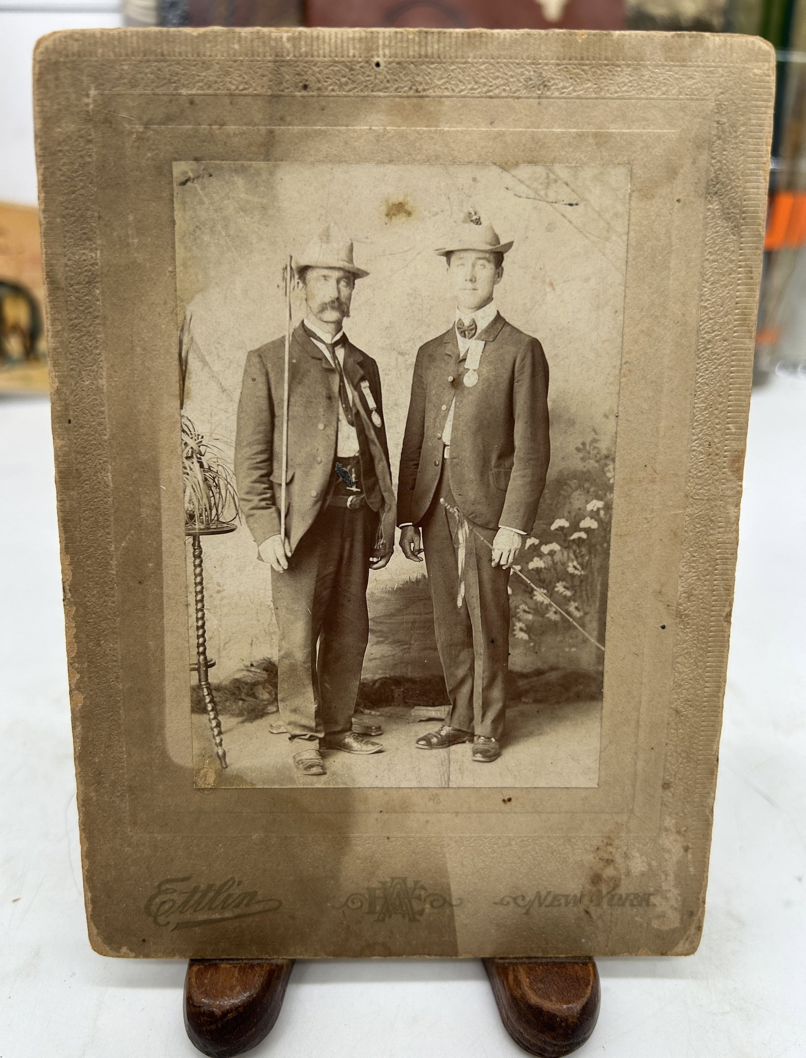 Turn of the Century Photo On Board 2 Men Decorated w Political Ribbons Walking Stick: Turn of the Century Photo On Board 2 Men Decorated w Political Ribbons Walking Stick. 6" by 4.5"