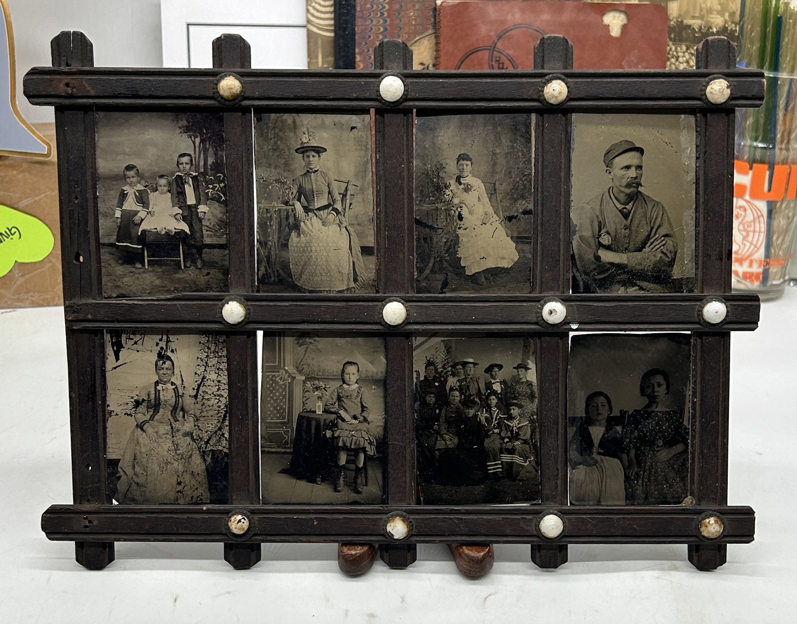 Handmade Folk Art Frame w 8 Amazing Tintypes: Handmade Folk Art Frame w 8 Amazing Tintypes. 13" by 9.5".