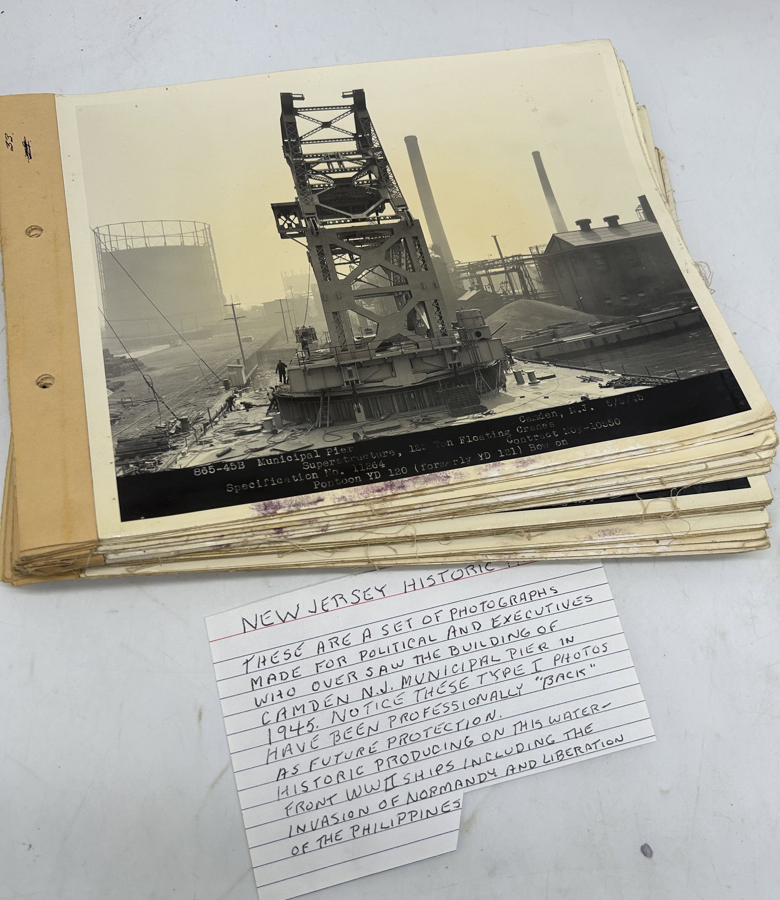 1945 Camden NJ Industrial Photographs of Construction of the Municipal Pier On Linen Fabric Backing: 1945 Camden NJ Industrial Photographs of Construction of the Municipal Pier On Linen Fabric Backing. 10" by 8".