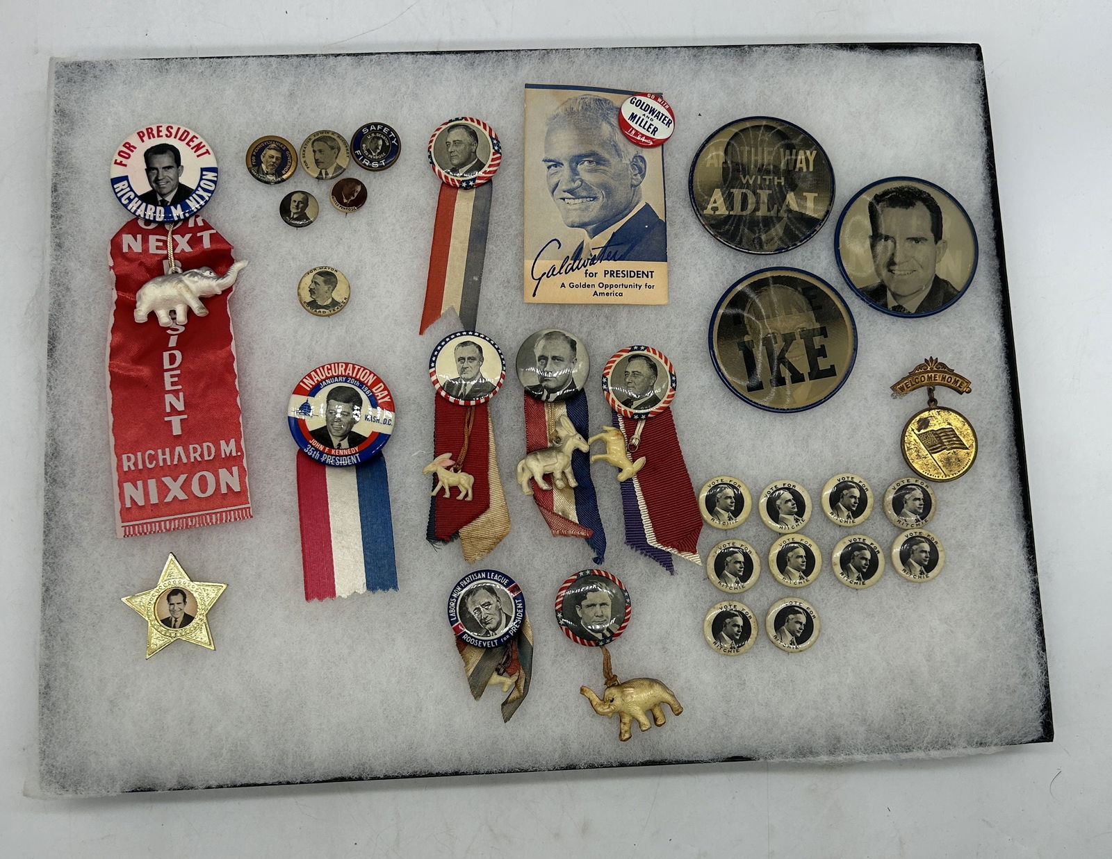 Amazing Collection of Political Pins and Ribbons Ritchie Kennedy Lenticular Ike Goldwater Nixon: Amazing Collection of Political Pins and Ribbons Ritchie Kennedy Lenticular Ike Goldwater Nixon. from 0.5" up to 2.5" on the larger ones.