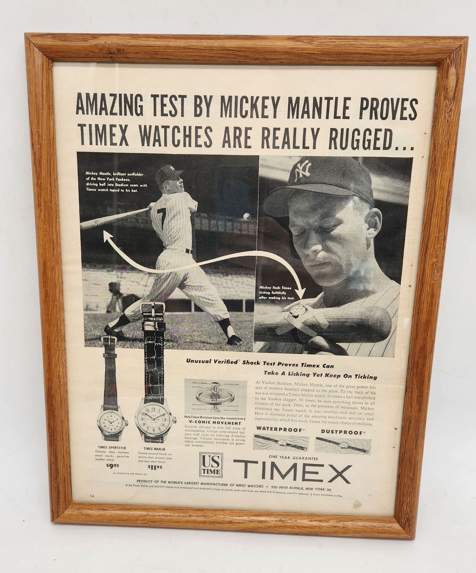 Mickey Mantle Framed Vintage Timex Advertisement: Mickey Mantle Framed Vintage Timex Advertisement.