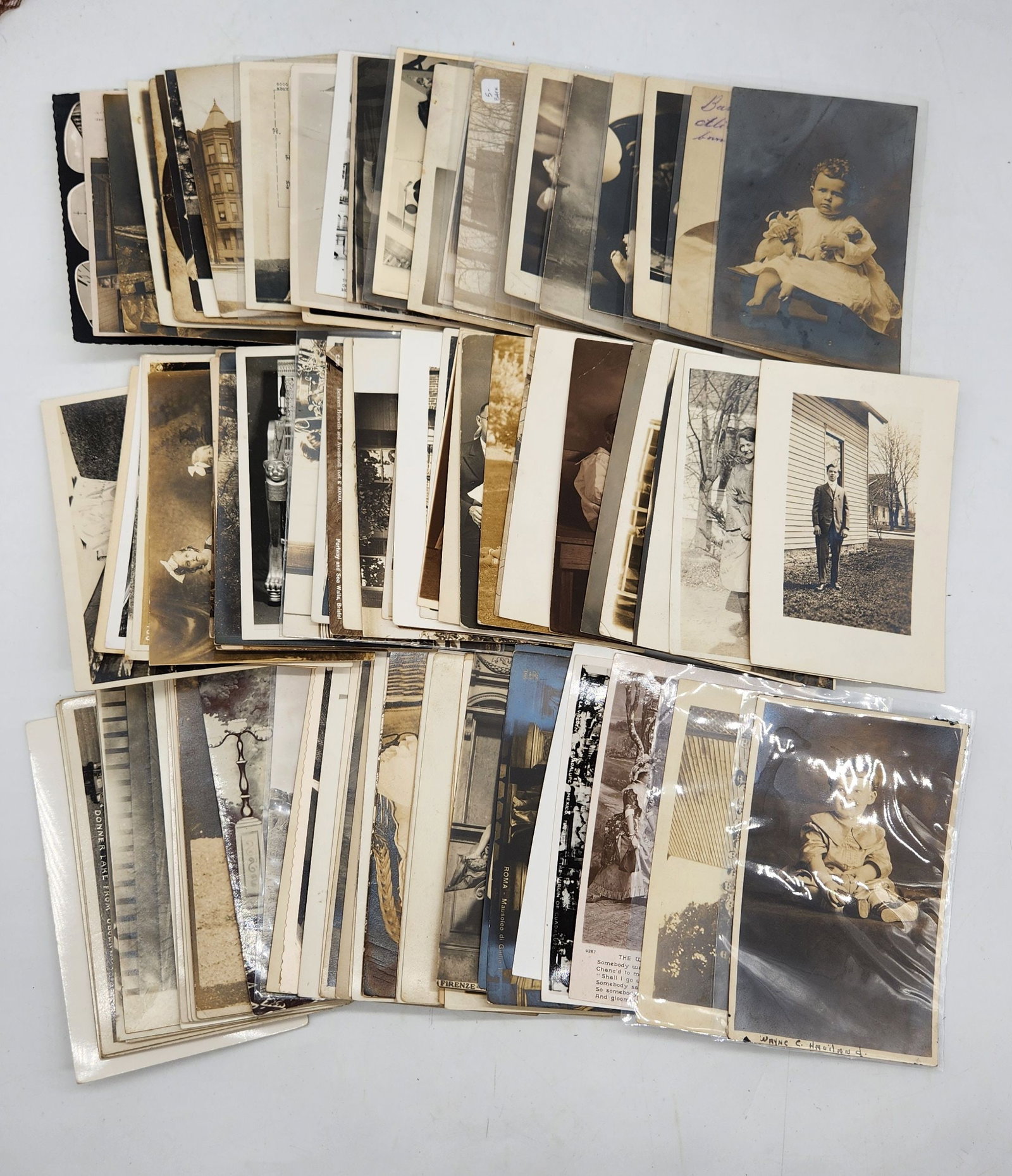 Vintage Black & White Photo & Postcard Rppc Lot - Ephemera: This is a collection of vintage black and white photographs and postcards. The images feature a variety of subjects, including portraits of individuals and groups, buildings, landscapes, and scenes of