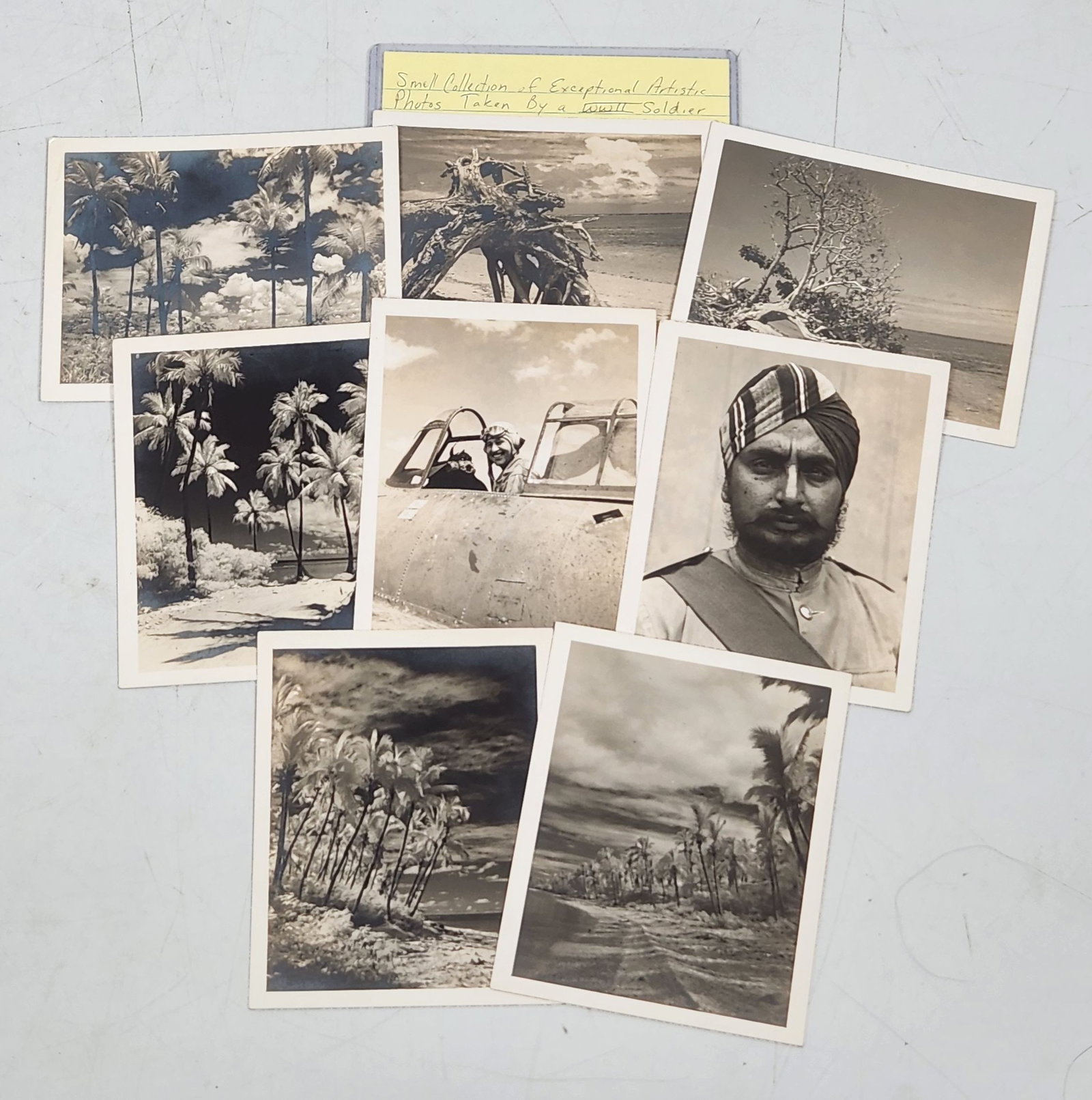 WWII Soldier Photographs - Tropical Landscapes & Sikh Portrait, 9 Piece: This is a collection of nine black and white photographs taken by a soldier. The photos include tropical beach landscapes with palm trees and one portrait of a Sikh soldier. The photographs measure ap