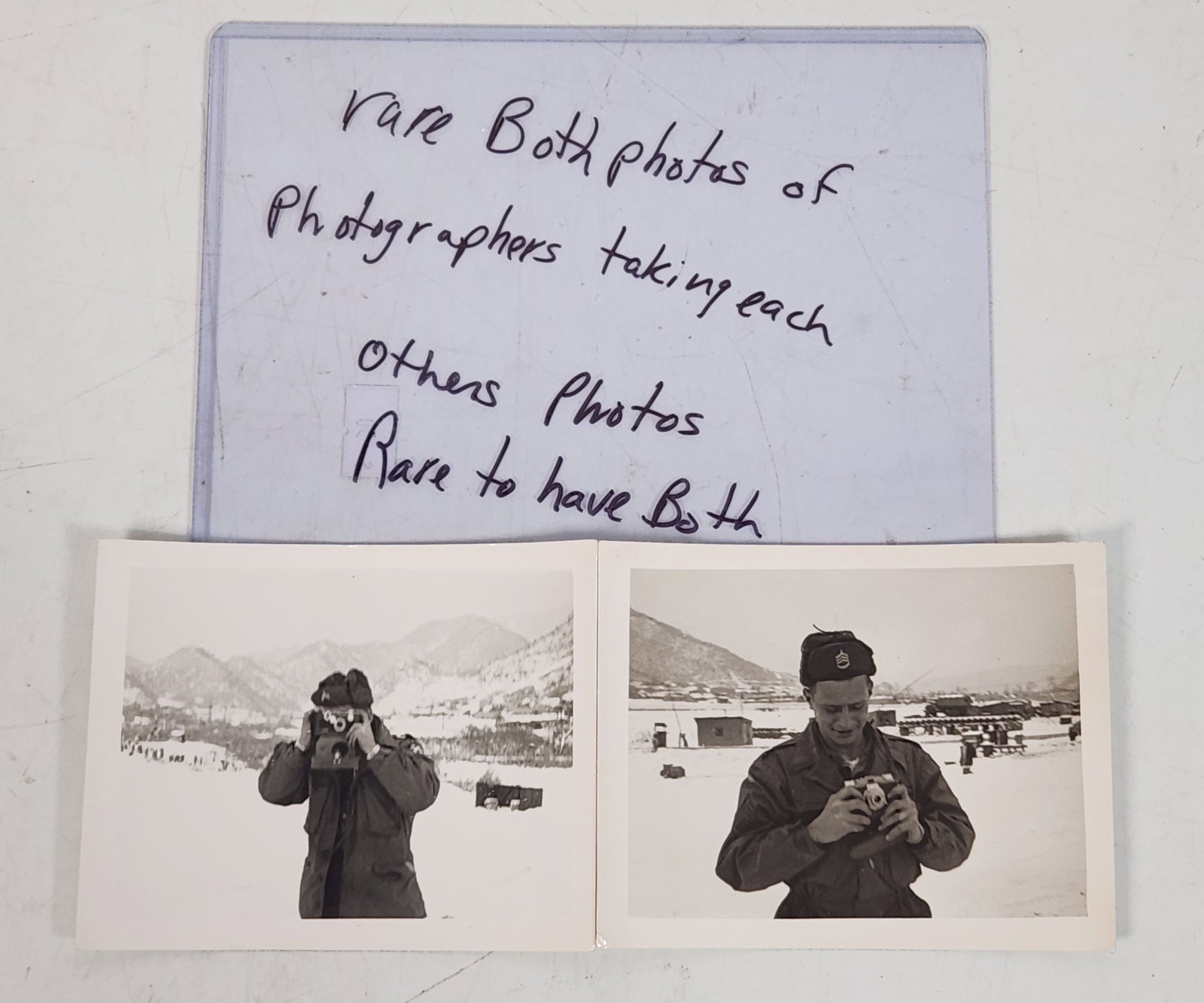 Rare Military Photographers Photographing Each Other Snapshots - 4x6: These are two rare black and white photographs featuring military photographers taking pictures of each other. The photos, approximately 4x6 inches, show the photographers in a snowy, mountainous sett