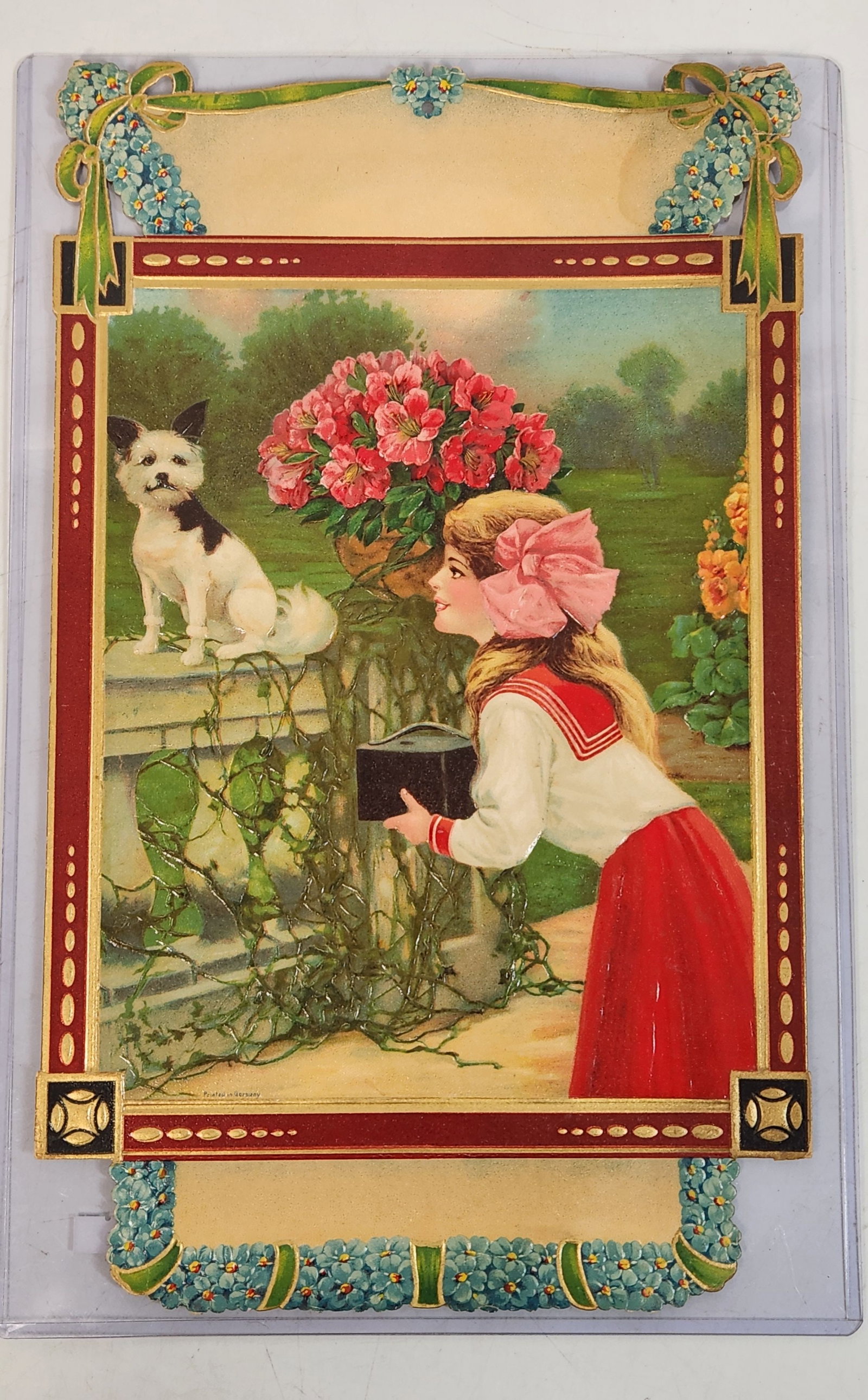 Antique Chromolithograph Die Cut Card - Girl, Dog, Flowers - German Print (1 of 9)