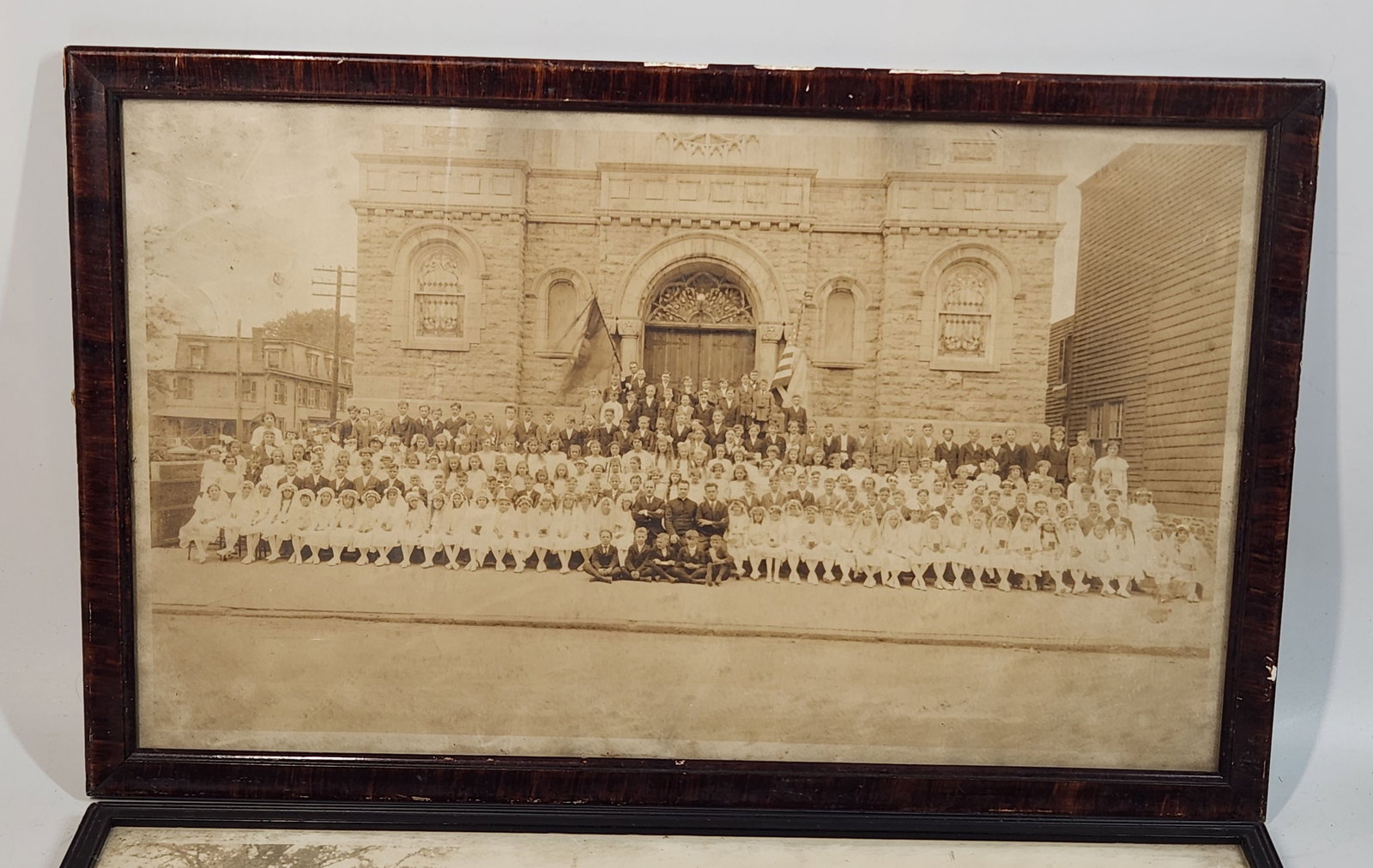 Vintage Framed Photographs - Warwick High School 1941: Two framed photographs. The first photograph appears to depict a large group of children in front of a building. The frame is wooden and measures approximately 22 inches by 13 inches. The second photo