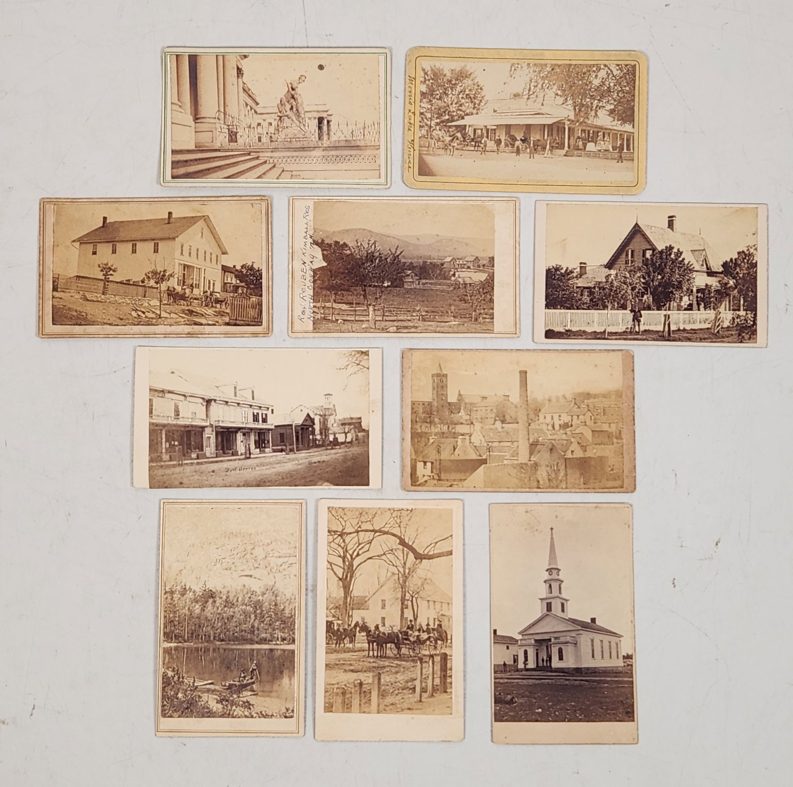 Lot of Early Location Cdvs Church Storefronts Washington DC: This is a collection of 10 antique cabinet card photographs. Most of the cards contain photographer's marks and descriptions of the location on the back. One is from G.D. Wakely in Washington D.C., an