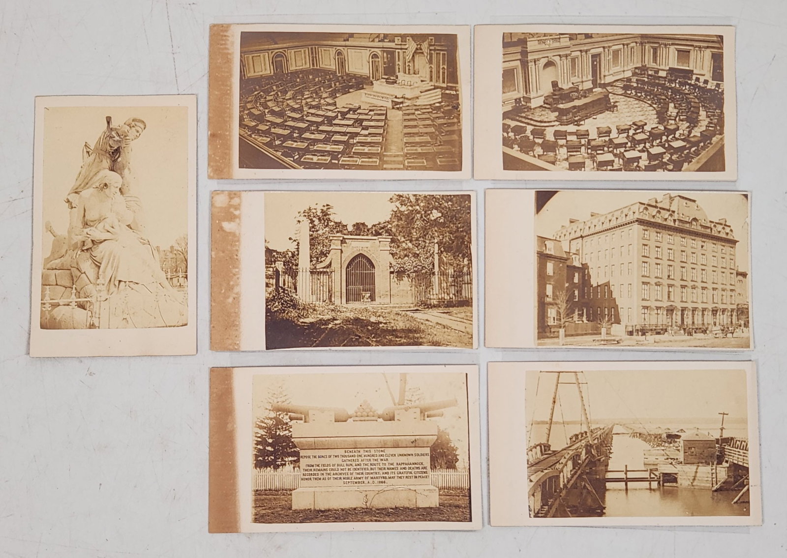 Antique Washington D.C. CDV Photo Lot: This lot features a collection of antique cabinet card photographs. The images primarily depict various sites and scenes around Washington D.C., including the interior of the House of Representatives,