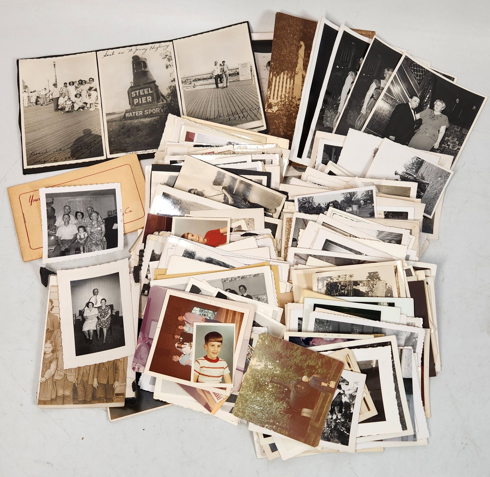 Vintage Photographs - Boardwalk, Portraits, Sepia Toned, B&W: This is a collection of vintage photographs, varying in size with some approximately 6x4 inches. The images depict a variety of subjects including portraits, group photos, and scenes from everyday lif
