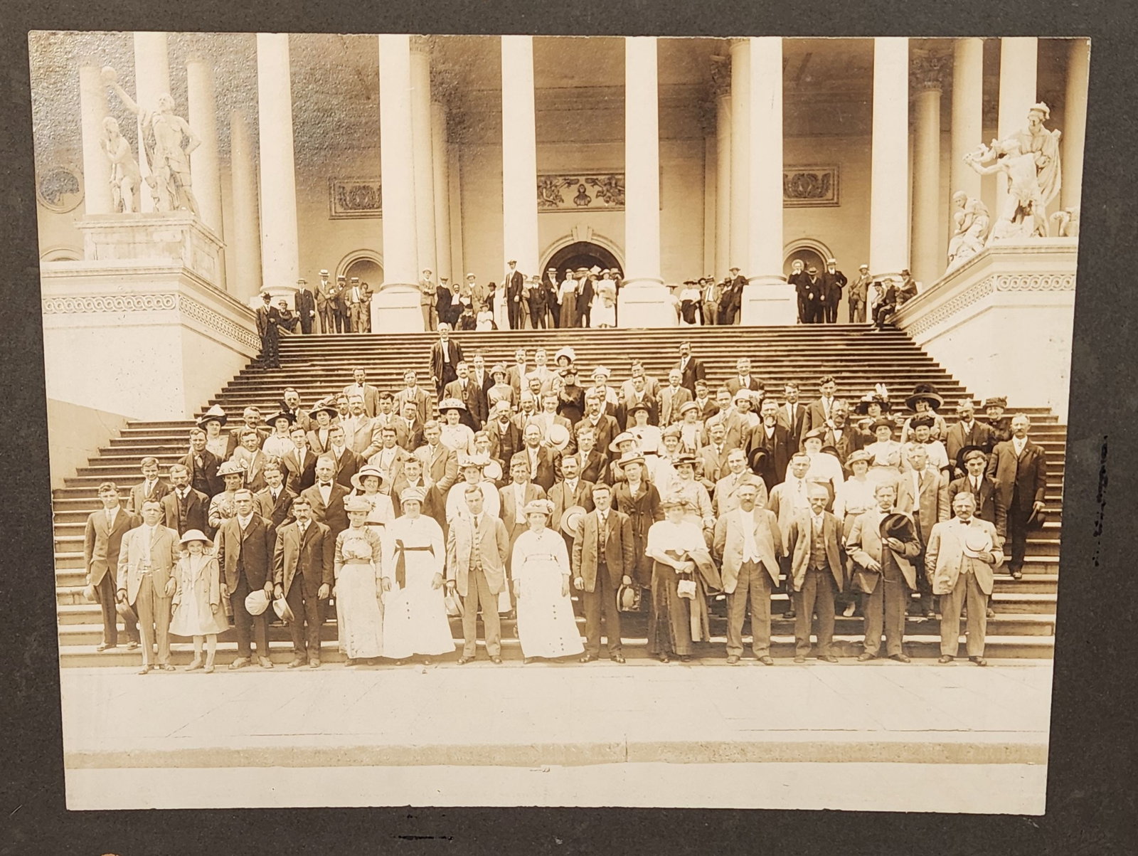 Antique Sepia Photograph, Large Group on Building Steps, 16 5/8" x 13 5/8" (1 of 5)