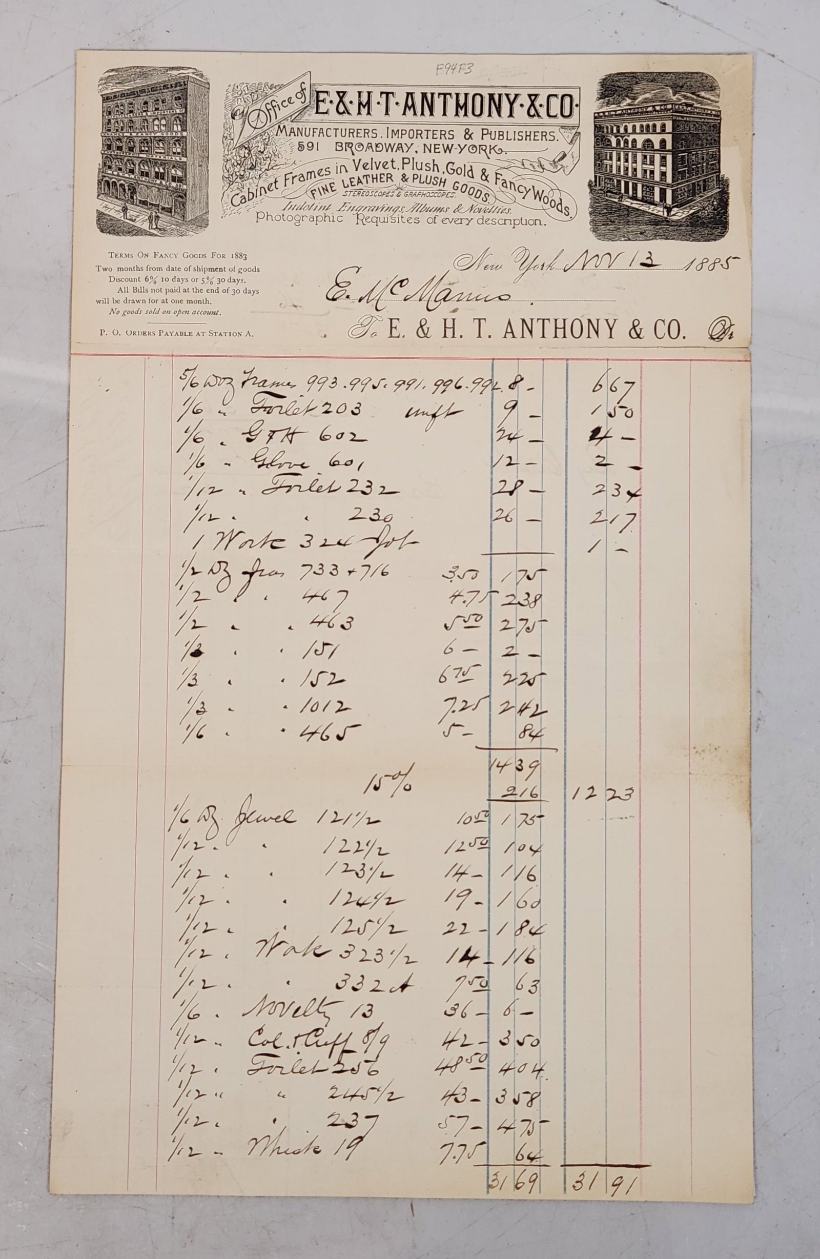 Antique E. & H. T. Anthony & Co. 1885 Invoice (1 of 7)