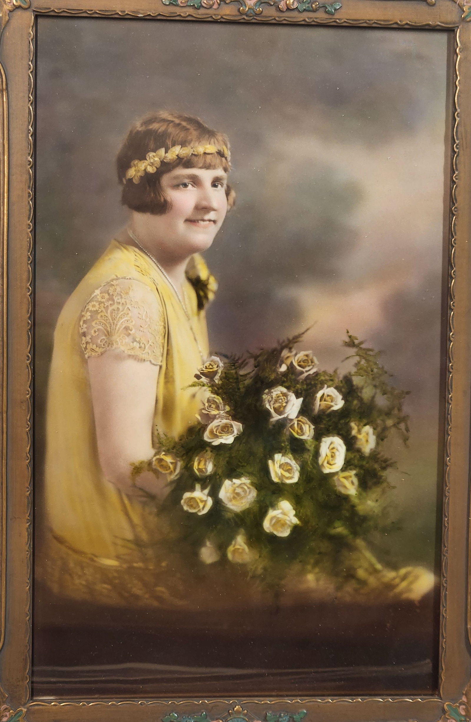 Vintage Framed Woman Portrait - Floral Accent Frame, 20" Tall (1 of 7)