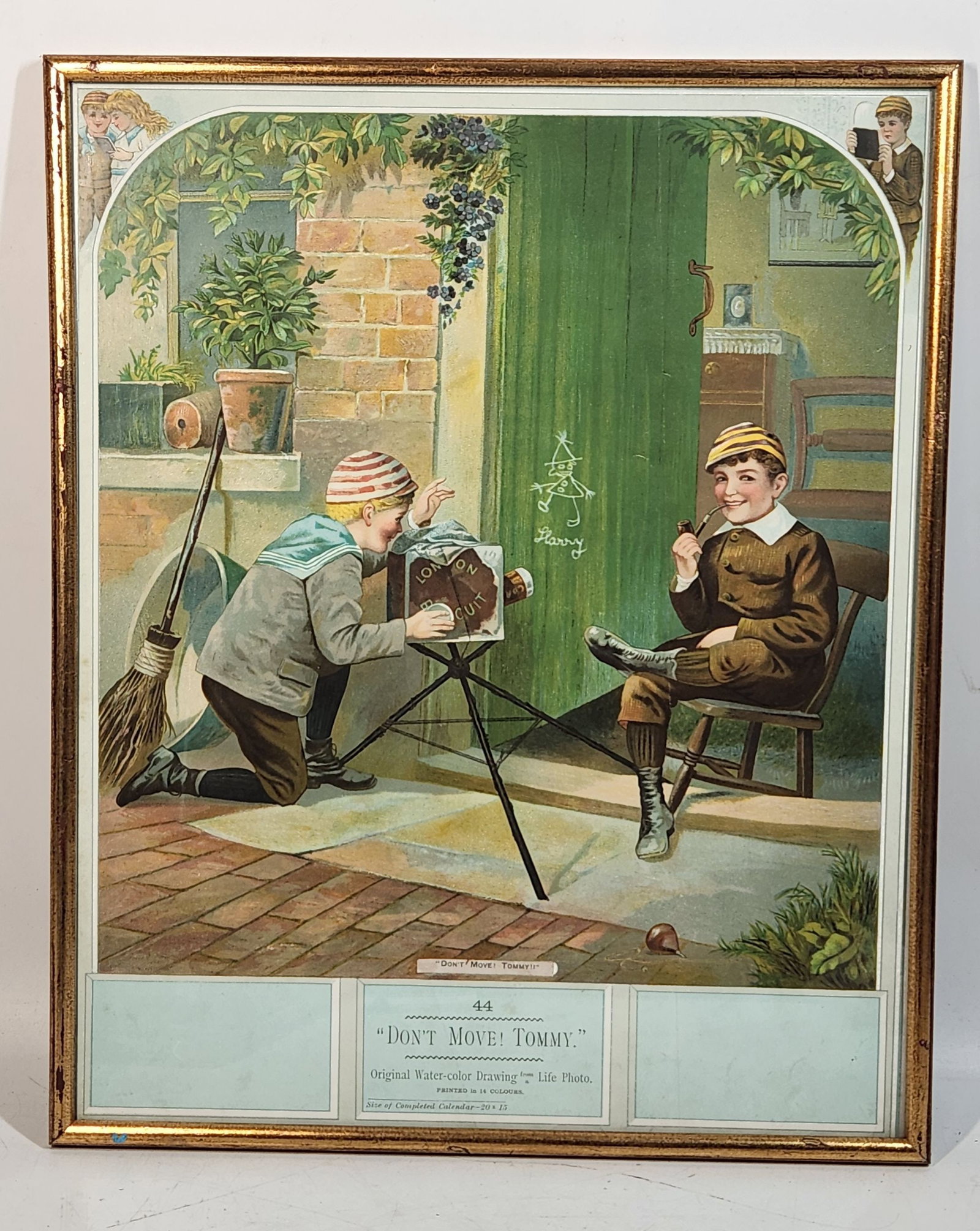 Vintage "Don't Move! Tommy" Framed Art Print: Framed vintage "Don't Move! Tommy!" art print. The image is an original watercolor drawing from a Life Photo, printed in 14 colors. The size of the completed calendar is 20 x 15 inches. The artwork fe