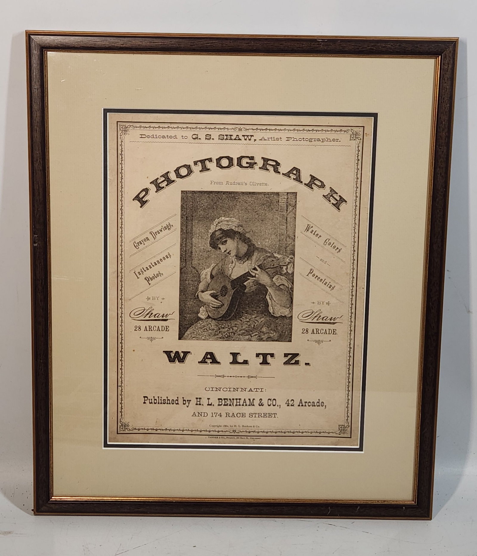 Vintage "Photograph From Audran's Olivette" Photograph Walz Framed: Framed vintage print, "Photograph From Audran's Olivette". Dedicated to G. S. Shaw, Artist Photographer. Copyright 1882, by H. L. Benham & Co. Published by H. L. Benham & Co., 42 Arcade, and 174 Race