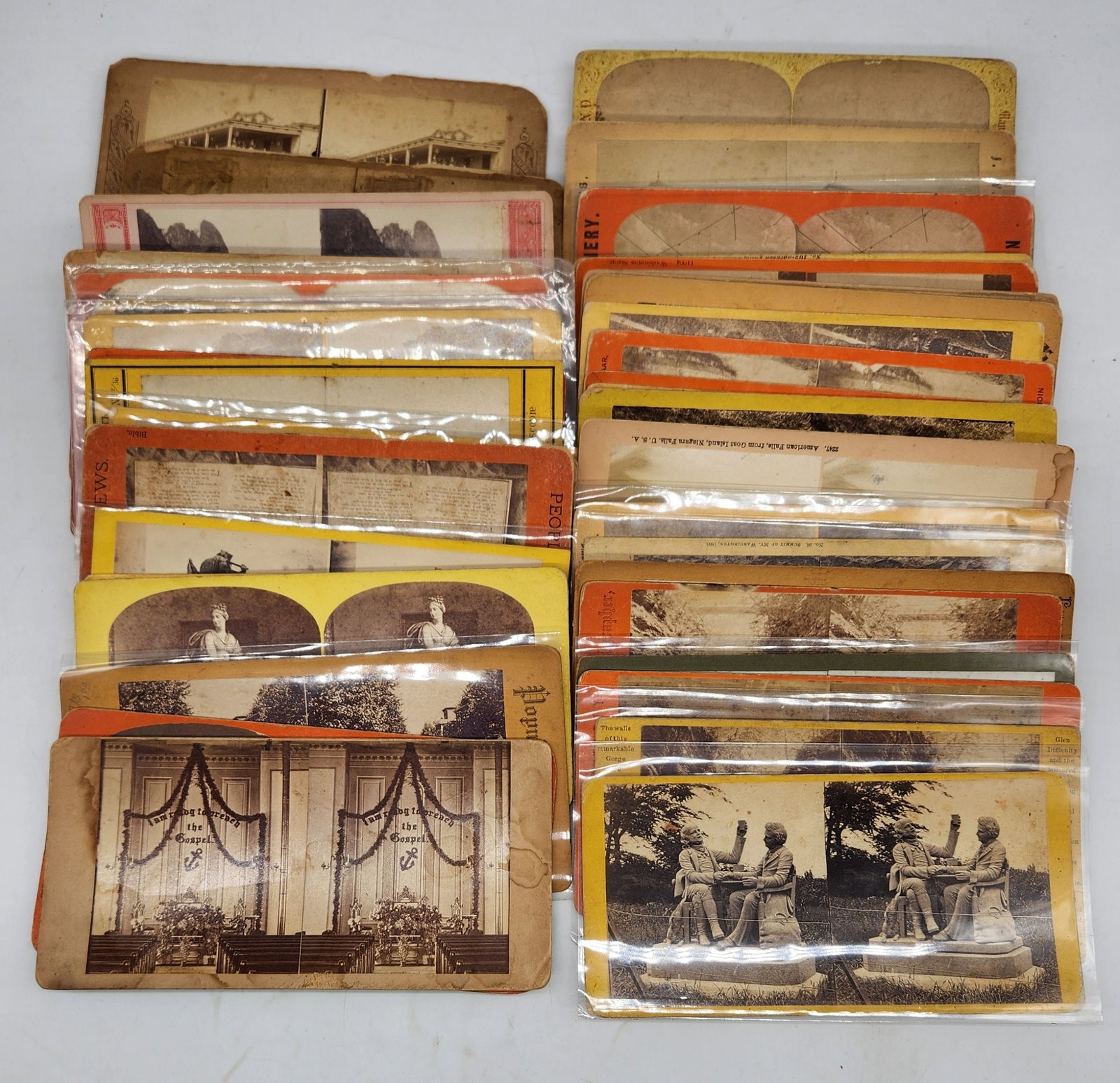 Antique Stereoview Cards - Niagara Falls, Landscapes, Portraits: This is a collection of antique stereoview cards. The cards feature a variety of images including buildings, landscapes, and portraits. Some of the cards have writing on them and some are from Niagara