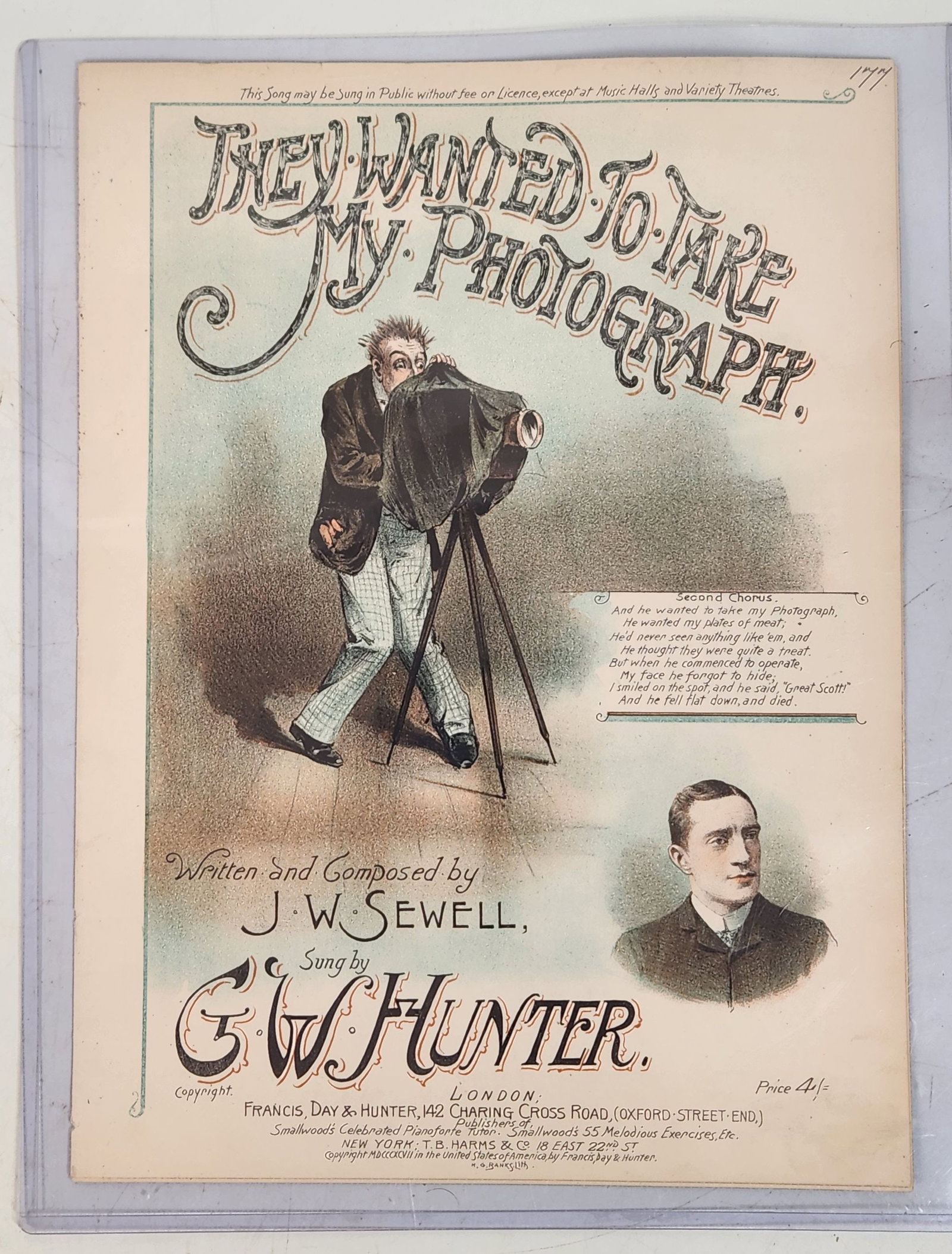 Vintage Sheet Music Lot - "Photo Shop" & "My Photograph": This lot contains two vintage pieces of sheet music, both housed in protective plastic sleeves. The first is "The Photo Shop," a musical comedy in one act by Jesse L. Lasky's Production. Music is by K