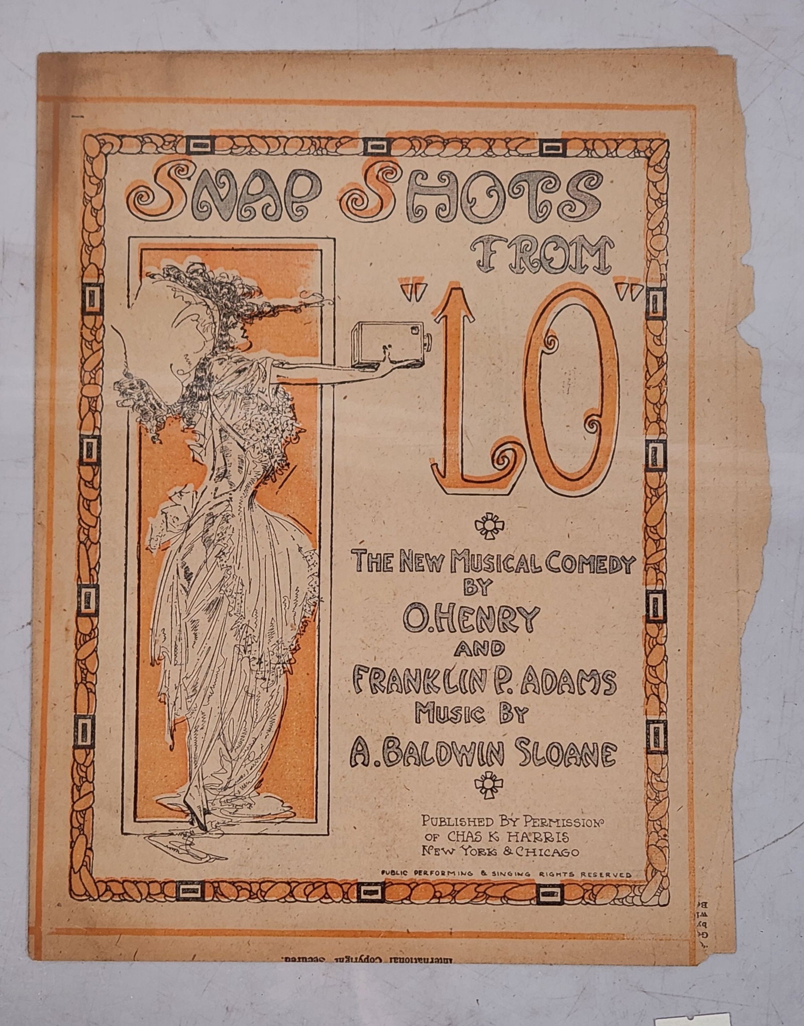 Vintage Sheet Music - Snap Shots from 10 & Takin' the Picture of Baby: Two vintage sheet music covers. The first is "Snap Shots from 10," The New Musical Comedy by O.Henry and Franklin P. Adams, music by A. Baldwin Sloane, published by permission of Chas K. Harris, New Y