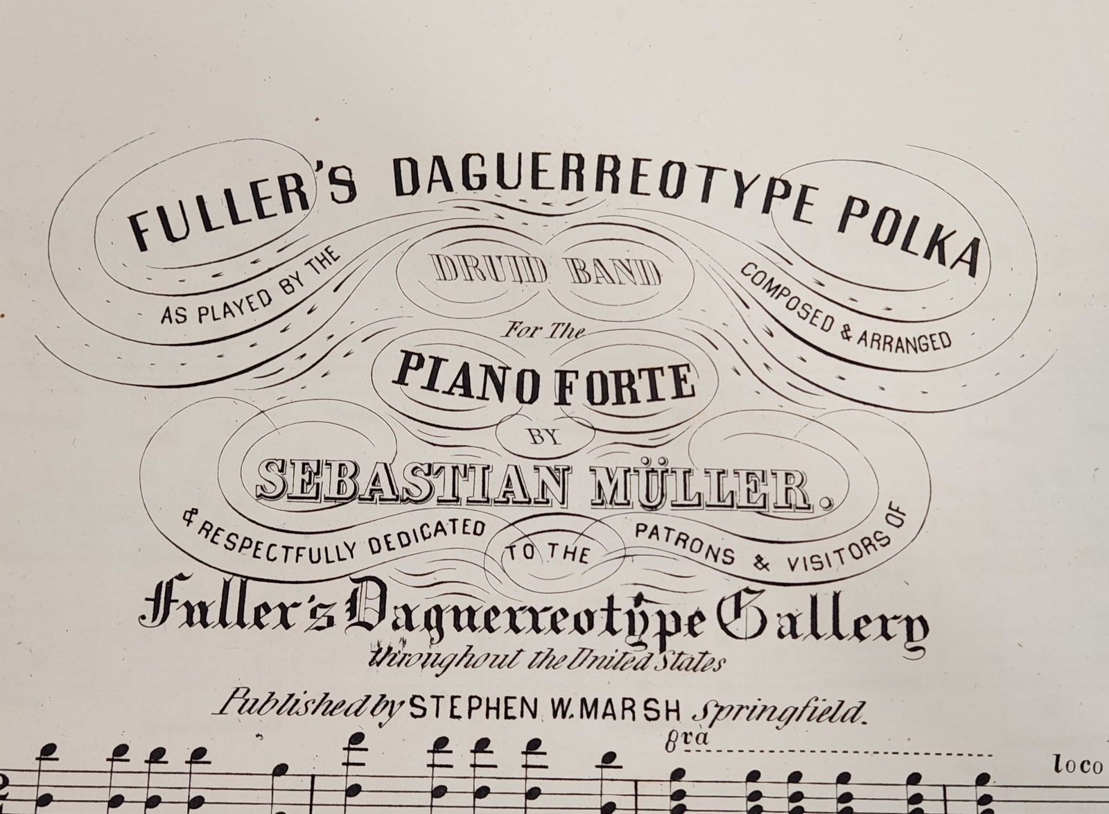 Antique Fuller's Daguerreotype Polka Sheet Music - 1846 Piano Forte: This is a sheet music for "Fuller's Daguerreotype Polka" as played by the Druid Band for the Piano Forte. It was composed and arranged by Sebastian Muller and respectfully dedicated to the patrons and