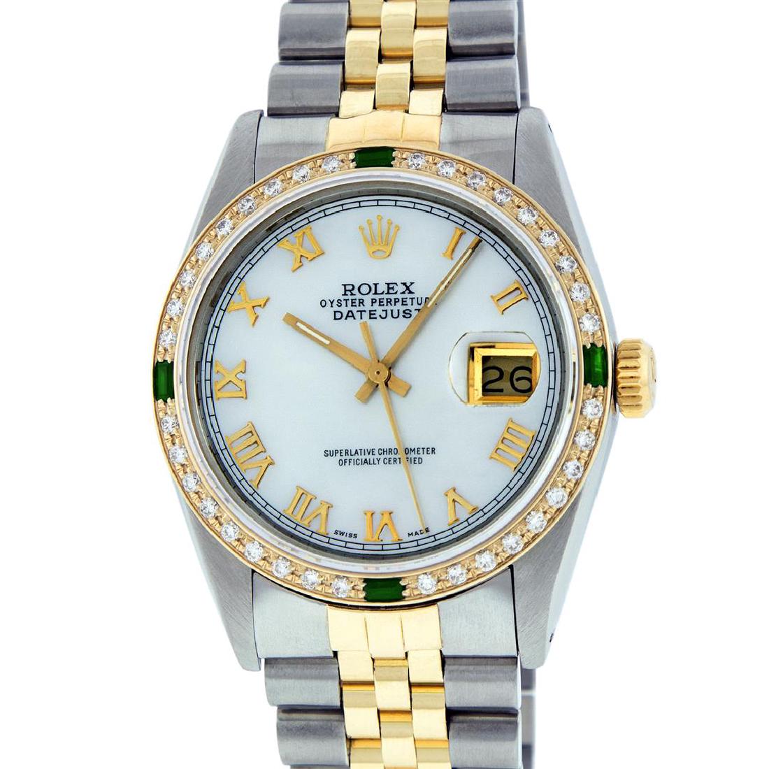 Rolex Two Tone Emerald and Diamond DateJust Men's Watch: One Mens Two Tone Rolex Datejust Polished, Serviced & Electronically Tested, 14K Yellow Gold & Stainless Steel Case:36mm, 14K Yellow Gold Crown, Custom Bezel: 18K Yellow Gold Emerald Beadset Diamond B