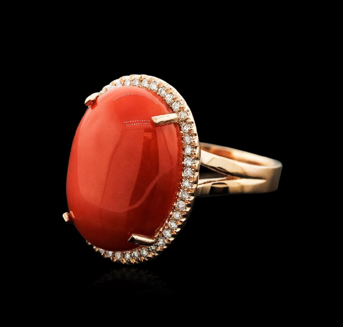 14KT Rose Gold 20.41 ctw Coral and Diamond Ring: One electronically tested 14KT rose gold ladies cast coral and diamond ring with a bright polish finish. Identified with markings of "14K". Condition is new. Containing: One prong set oval cabochon cu