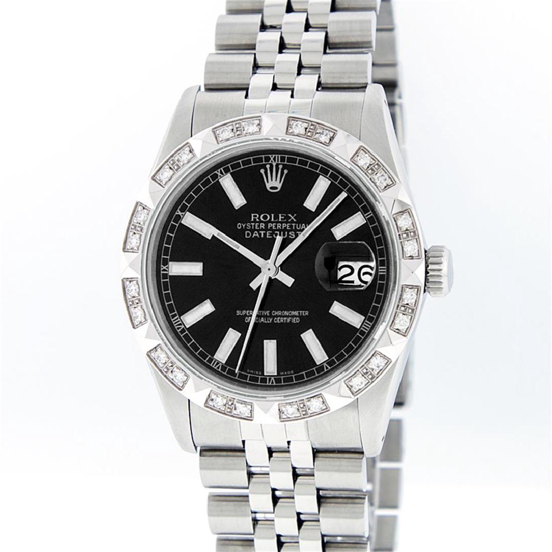 Rolex Stainless Steel Black Index Pyramid Diamond: One Mens Rolex Datejust Polished Bright with Satin Finish, Serviced & Electronically Tested, Stainless Steel Case:36mm, Stainless Steel Crown, Custom Bezel:18K White Gold Pyramid Diamond Bezel, Diamon