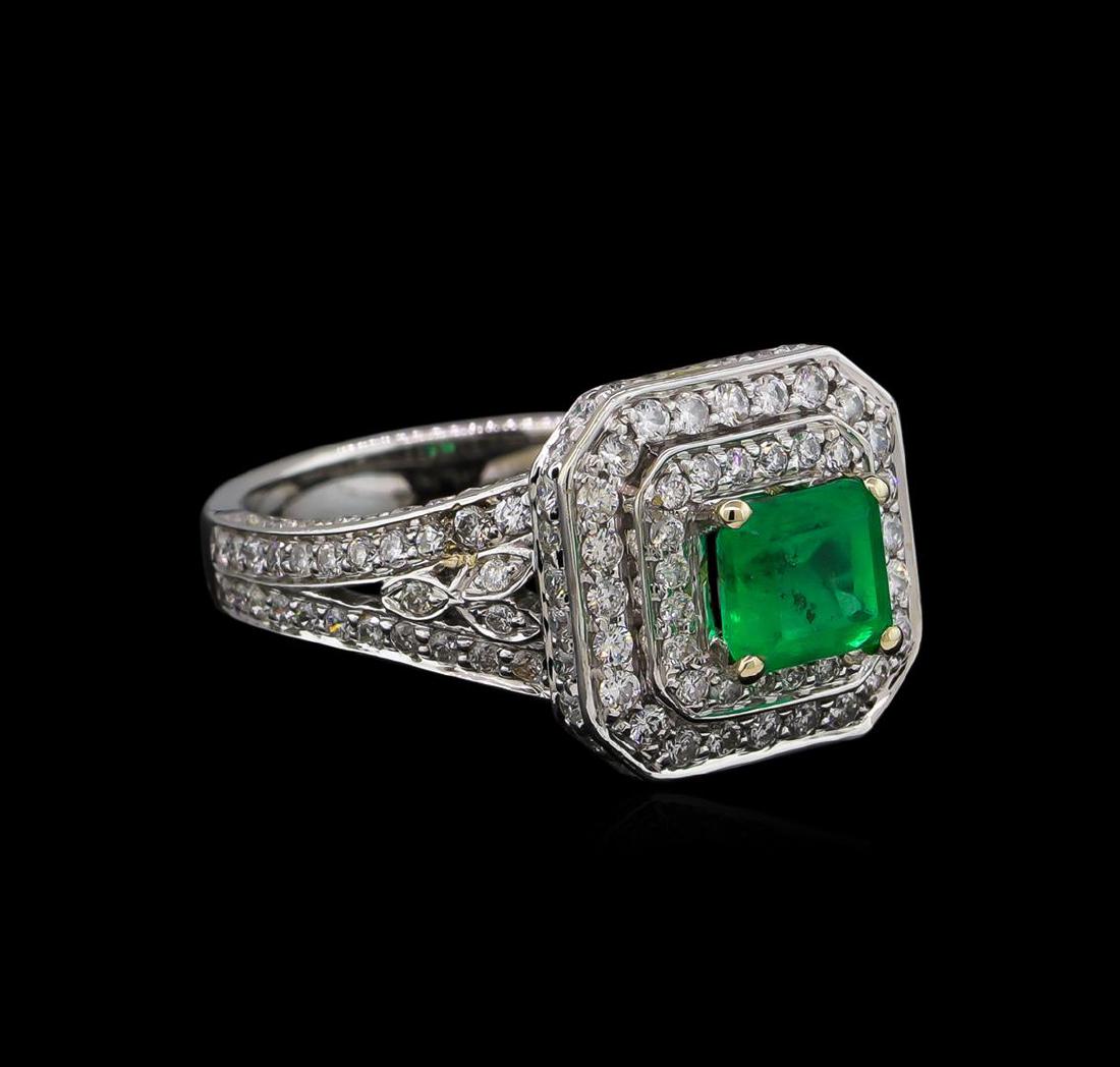 14KT White Gold 0.83 ctw Emerald and Diamond Ring: One electronically tested 14KT white gold Ladies combination cast & assembled ring with a bright polish finish. Condition is new. Identified with markings of "14K". Containing: One prong set emerald s