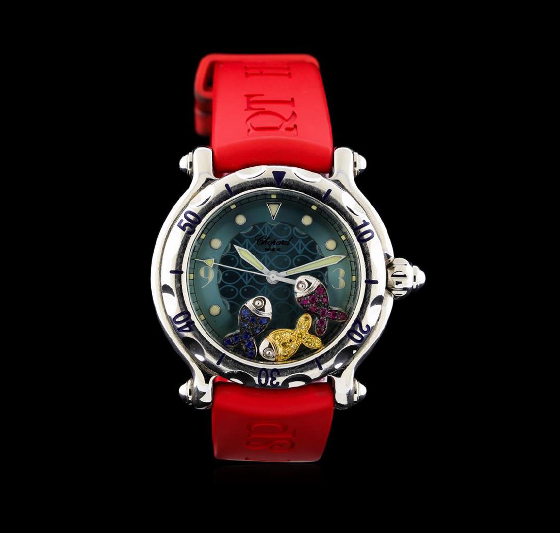 Chopard Stainless Steel Happy Beach Floating Fish Watch: One Chopard Happy Beach Floating Fish wristwatch electronically tested Stainless Steel. Case: 38mm diameter, Case Back: secured by eight set screws, engraved with manufactures name, model name, and ID