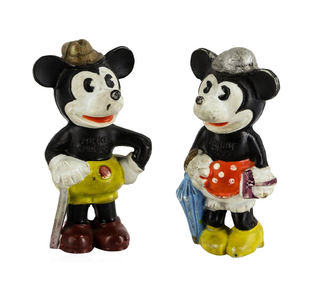 The Two Pals Mickey and Minnie Japan Bisque Vintage: The Two Pals Mickey and Minnie Japan Bisque Vintage Figurines. Japan / 1930's / Bisque. Used condition with paint rubs (see photos). Approximately 4 1/4" tall.