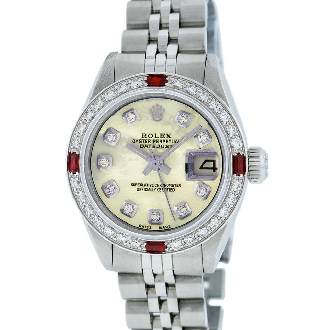 Rolex Stainless Steel Yellow MOP Diamond and Ruby: Ladies Rolex Datejust Polished Bright with Satin Finish, Serviced & Electronically Tested, Stainless Steel Case:26mm, Stainless Steel Crown, Custom Bezel: 18K White Gold Ruby Beadset Diamond Bezel, Di