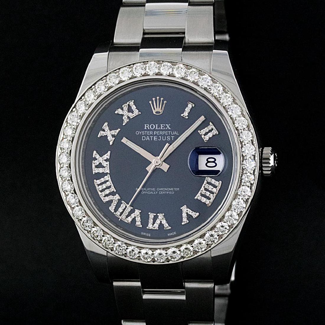 Rolex Stainless Steel Black Roman Diamond 3.50 ctw: One Mens Rolex Datejust 2 Polished Bright with Satin Finish, Serviced & Electronically Tested, Stainless Steel Case:41mm, Stainless Steel Crown, Custom Bezel: Stainless Steel Beadset Diamond Bezel, Di