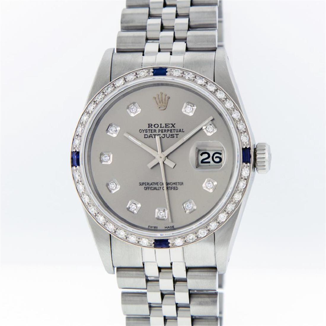 Rolex Stainless Steel Diamond and Sapphire DateJust: One Mens Rolex Datejust Polished Bright with Satin Finish, Serviced & Electronically Tested, Stainless Steel Case: 36mm, Stainless Steel Crown, Custom Bezel: 18K White Gold Sapphire Beadset Diamond Be