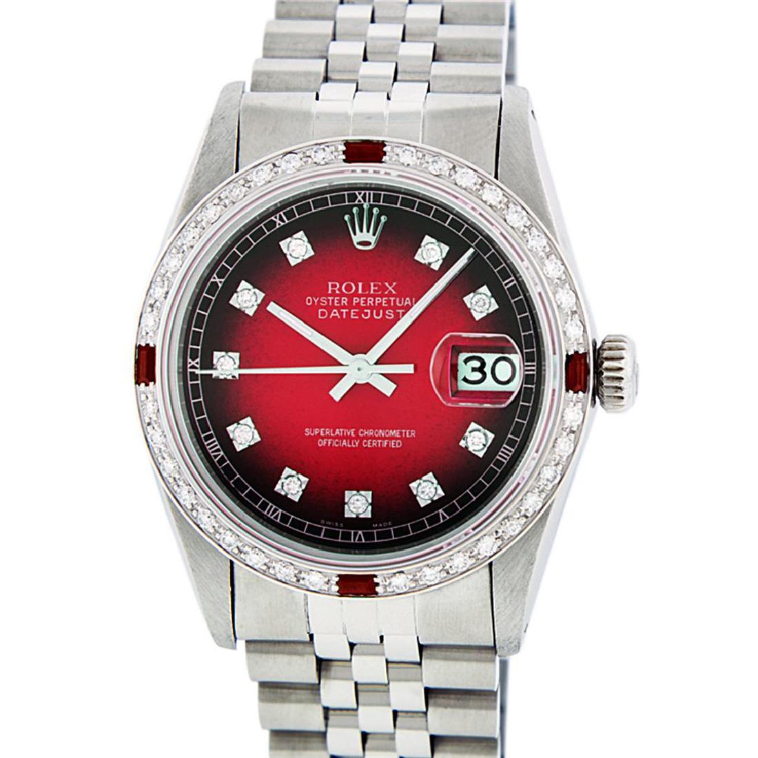 Rolex Stainless Steel 1.00 ctw Diamond and Ruby: One Gents Rolex Datejust Polished, Serviced & Electronically Tested, Stainless Steel Case:36mm, Stainless Steel Crown, Custom Bezel: 18K White Gold Ruby Beadset Diamond Bezel, Diamond + Gem Count: 36 