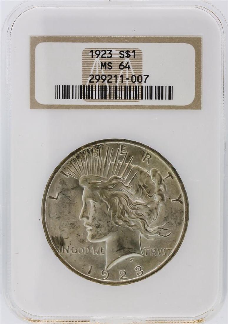 1923 NGC MS64 Peace Silver Dollar: One 1923 NGC MS64 Peace Silver Dollar. NGC Certified.