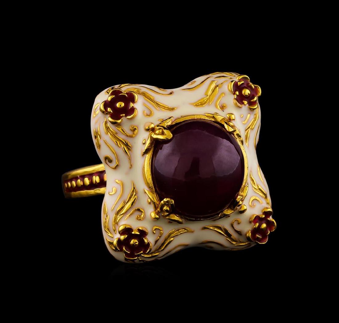Sterling Silver Ring: One of a kind high fashion sterling silver Ring weighing 12.6 grams. Containing: Ruby, White Enamel Inlay, Red Enamel Inlay. This sterling silver promises a lasting shine.