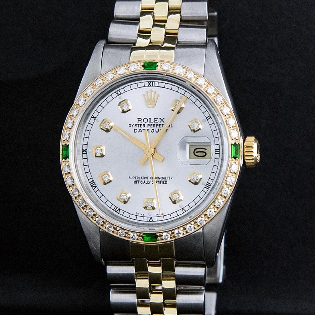 Rolex Two Tone Diamond and Emerald DateJust Men's Watch: One Mens Two Tone Rolex Datejust Polished, Fully Serviced & Electronically Tested, 14K Yellow Gold & Stainless Steel Case:36mm, 14K Yellow Gold Crown, Custom Bezel: 18K Yellow Gold Emerald Beadset Dia