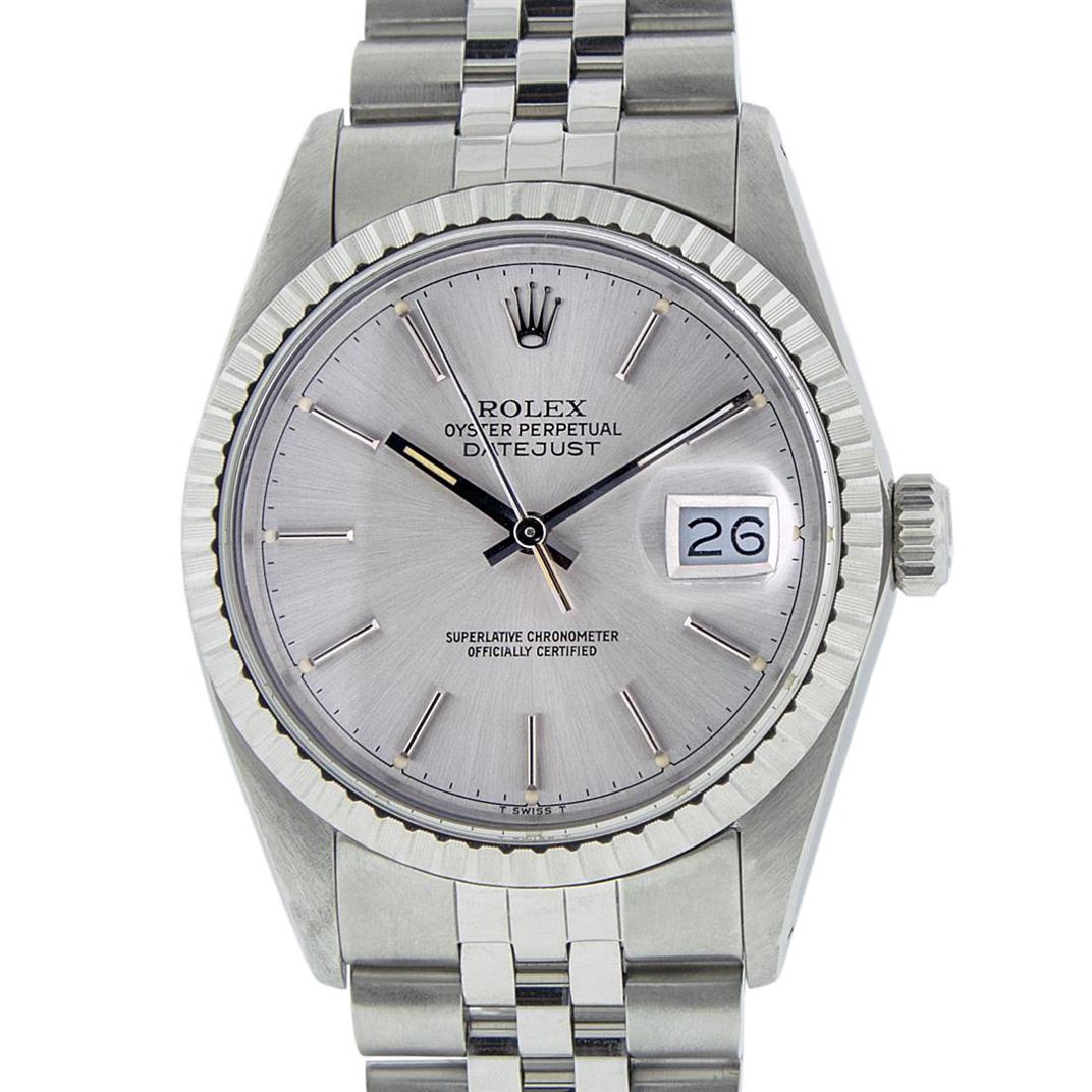 Rolex Stainless Steel DateJust Men's Watch: One Gents Rolex Datejust Polished, Serviced & Electronically Tested, Stainless Steel Case:36mm, Stainless Steel Crown, Bezel: 18K White Gold Fluted Bezel. Custom Crystal: Acrylic Cyclops Lens. Movemen