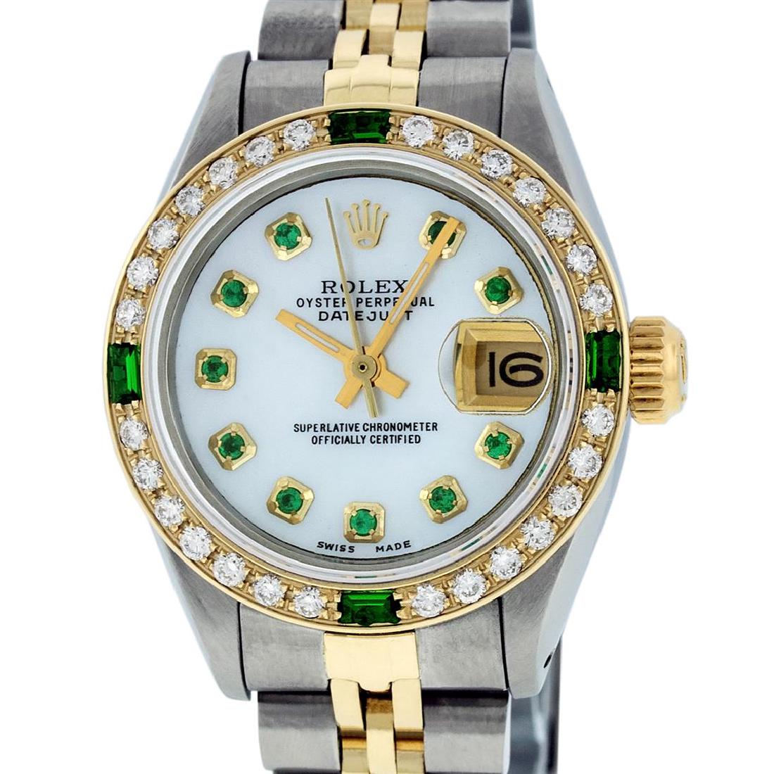 Rolex Two-Tone Diamond and Emerald DateJust Ladies: One Ladies Two Tone Rolex Datejust Polished, Serviced & Electronically Tested, 14K Yellow Gold & Stainless Steel Case:26mm, 14K Yellow Gold Crown, Custom Bezel: 18K Yellow Gold Emerald Beadset Diamond