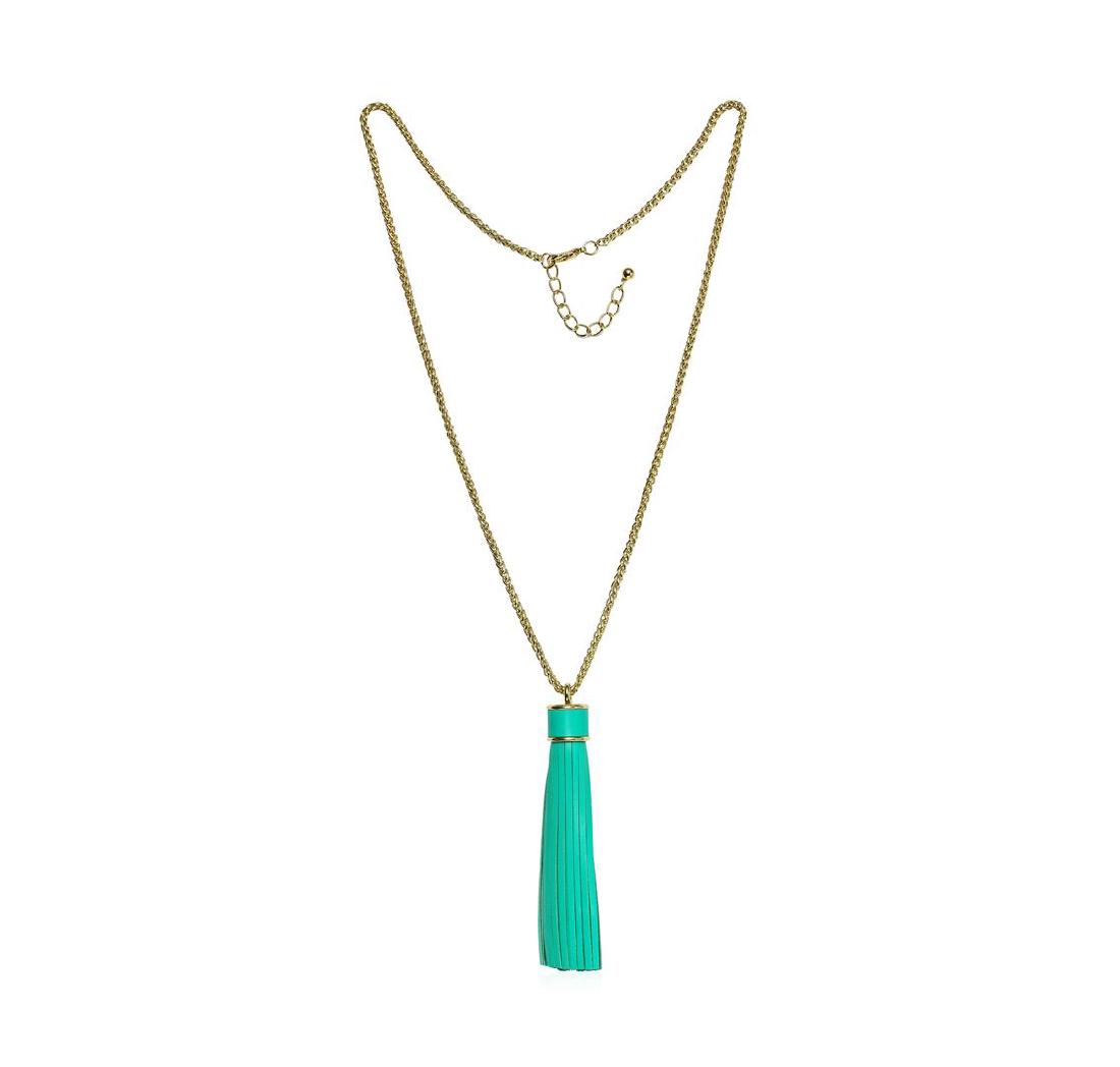 Leather Tassel Chain Necklace - Gold Plated: High end designer jewelry. Leather Tassel Chain Necklace - Gold Plated. Gold Plated Metal/3" Ext Clasp. Aqua/ Gold. 32/5inches. Total Weight: 64.6 grams.