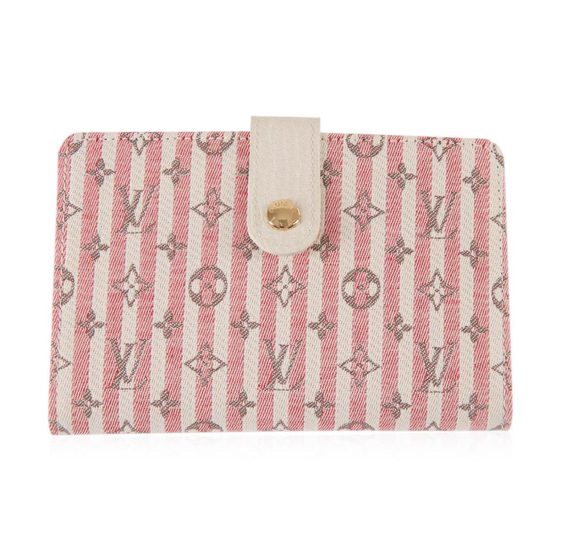 Louis Vuitton Red and White Striped Monogram Wallet: One Louis Vuitton red and white striped monogram wallet in good condition, measuring approximately 5.5 inches wide by 3.5 inches tall. Minor blemish on the clasp. The wallet features an internal pouch