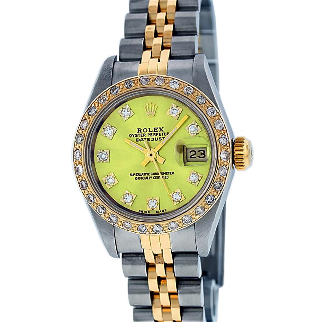 Rolex Ladies Two Tone Yellow VS Diamond Datejust: One Ladies Two Tone Rolex Datejust Polished, Serviced & Electronically Tested, 14K Yellow Gold & Stainless Steel Case:26mm, 14K Yellow Gold Crown, Custom Bezel: 18K Yellow Gold Beadset Diamond Bezel,
