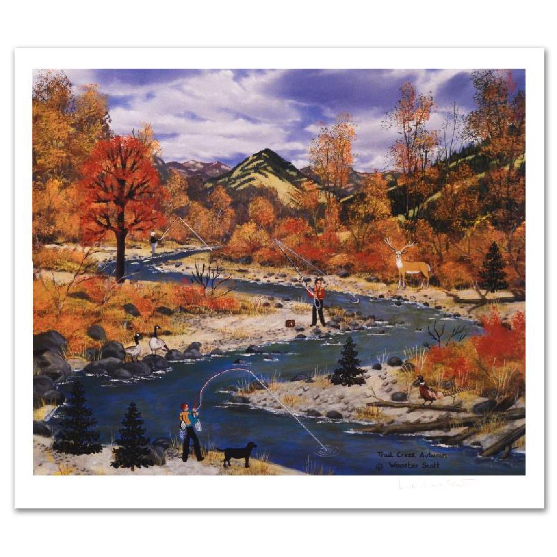Trail Creek Autumn by Wooster Scott, Jane: Cozy, down-home images of a bygone era when life was simpler - this is the feeling captured in the creations of one of the world's most recognized artists. "Trail Creek Autumn" is a limited edition li