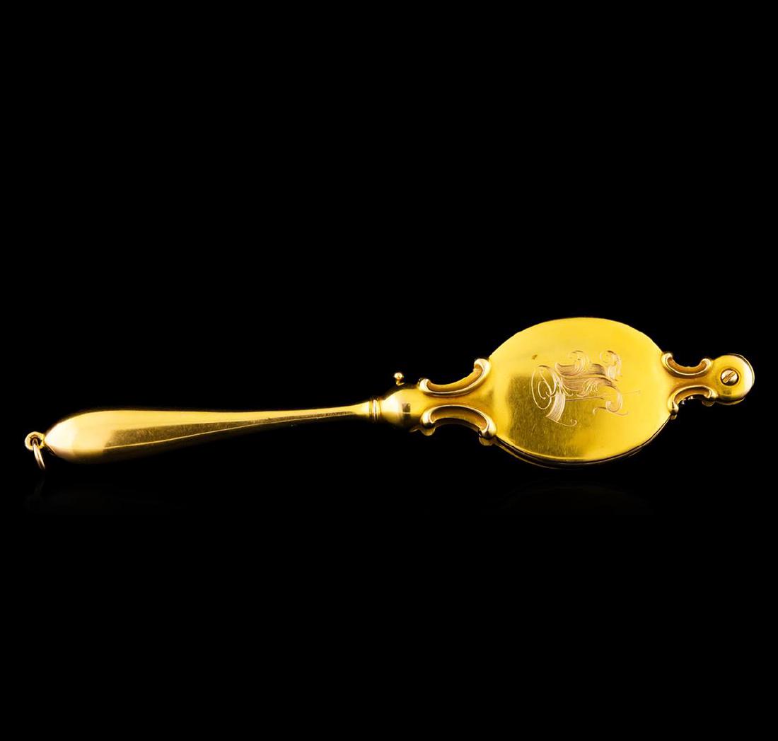 14KT Yellow Gold Antique Opera Glasses: One pair of Vintage Lorgnette Opera/Reading Glasses electronically tested 14KT yellow gold. The lorgnette folds in half on a small hinge and slides into the handle. Decorated on one side with script e